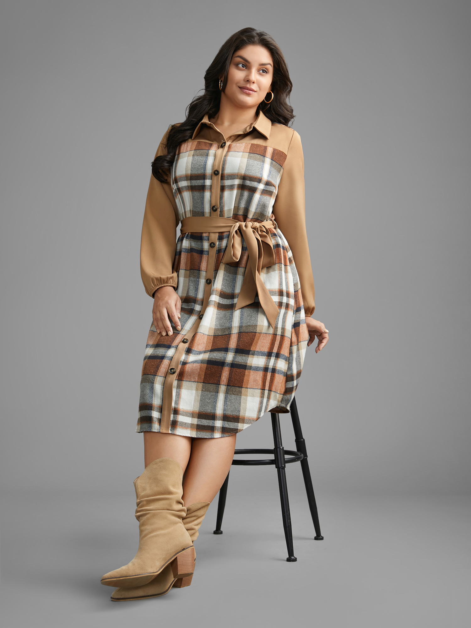 

Plus Size Shirt Collar Plaid Patchwork Belted Dress Bronze Women Casual Belted Shirt collar Long Sleeve Curvy BloomChic