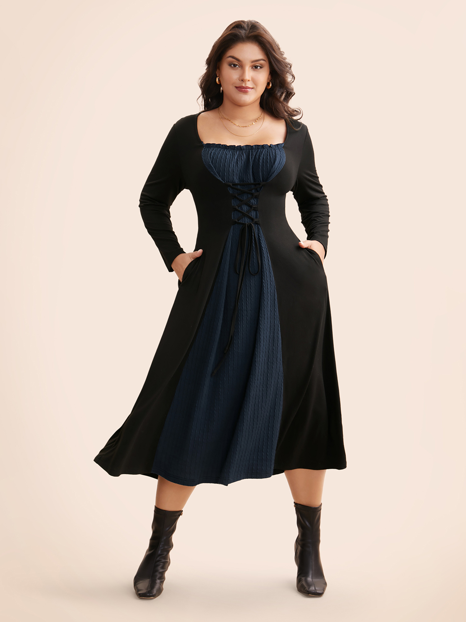 

Plus Size Square Neck Textured Patchwork Crisscross Dress Indigo Women Elegant Wraparound straps Square Neck Long Sleeve Curvy BloomChic