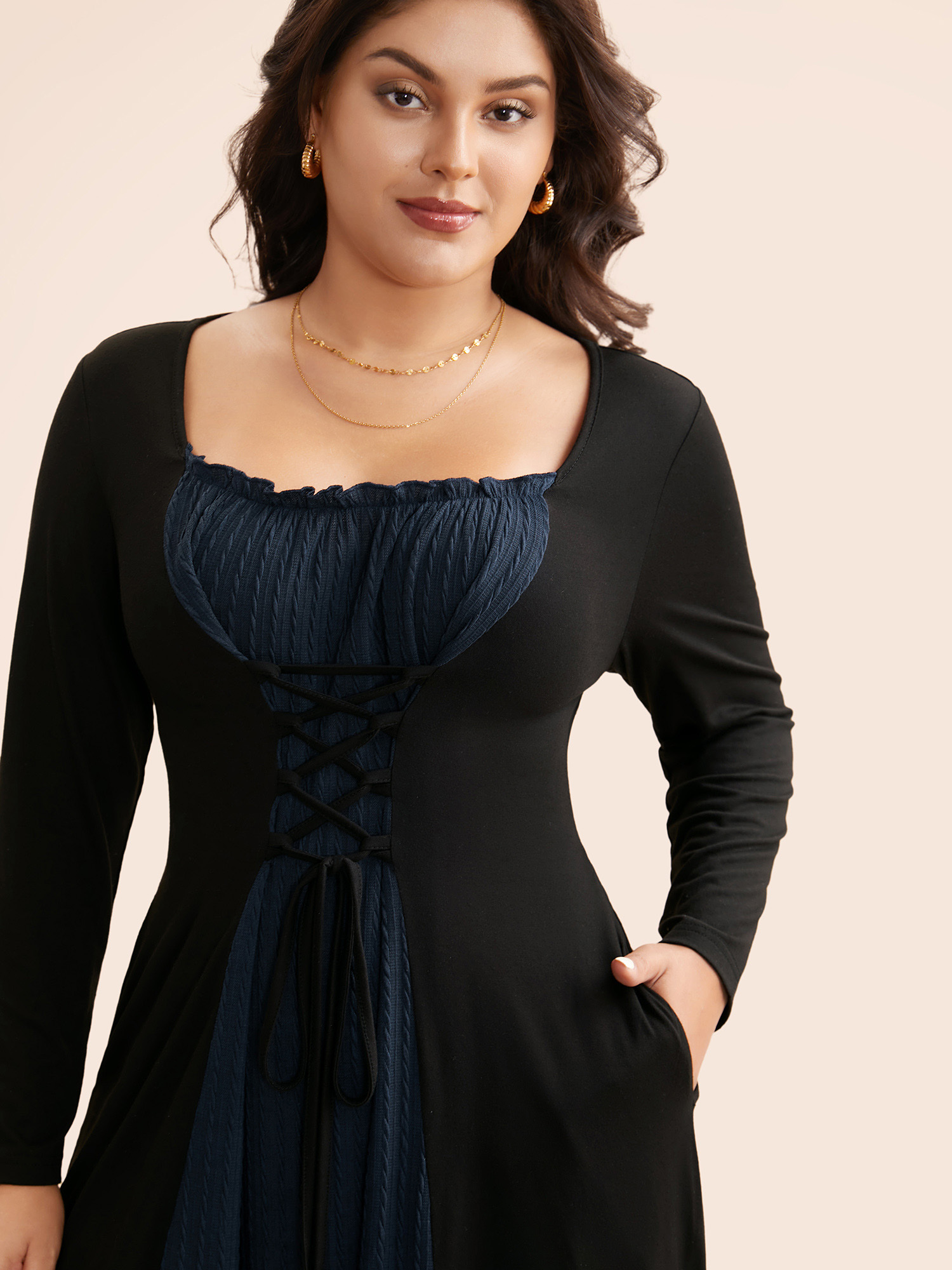 Plus Size Square Neck Textured Patchwork Crisscross Dress Indigo Women Elegant Wraparound straps Square Neck Long Sleeve Curvy BloomChic 14-16/1X 