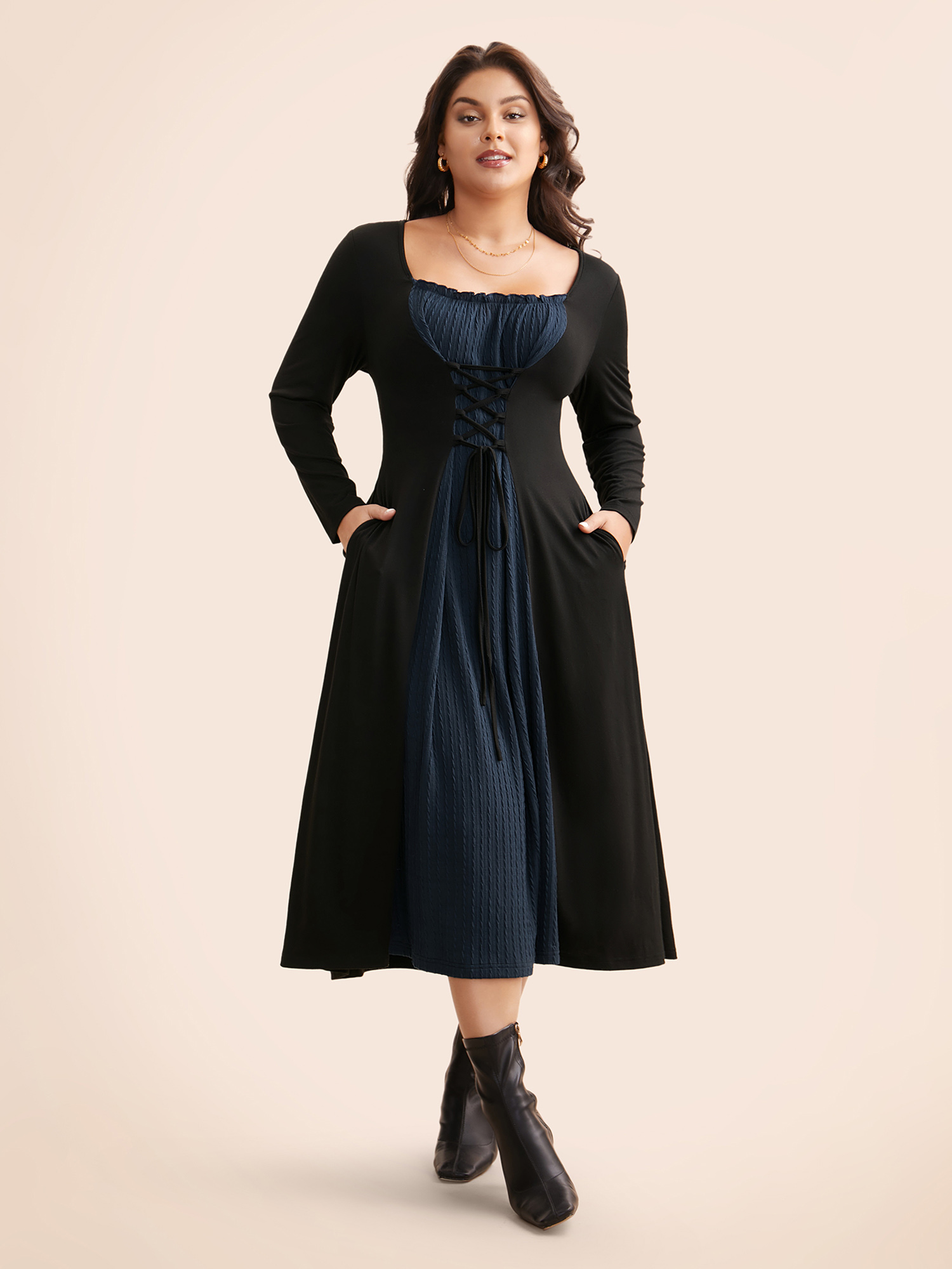 Plus Size Square Neck Textured Patchwork Crisscross Dress Indigo Women Elegant Wraparound straps Square Neck Long Sleeve Curvy BloomChic 14-16/1X 