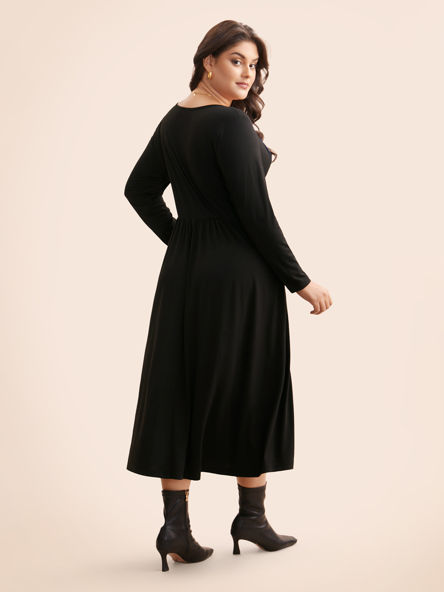 Plus Size Square Neck Textured Patchwork Crisscross Dress Indigo Women Elegant Wraparound straps Square Neck Long Sleeve Curvy BloomChic 14-16/1X 
