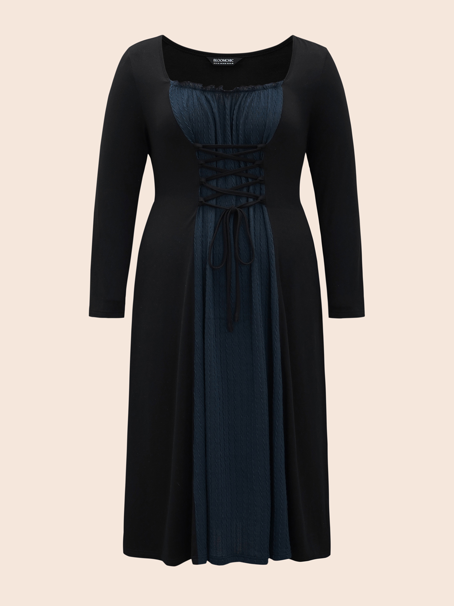 Plus Size Square Neck Textured Patchwork Crisscross Dress Indigo Women Elegant Wraparound straps Square Neck Long Sleeve Curvy BloomChic 14-16/1X 