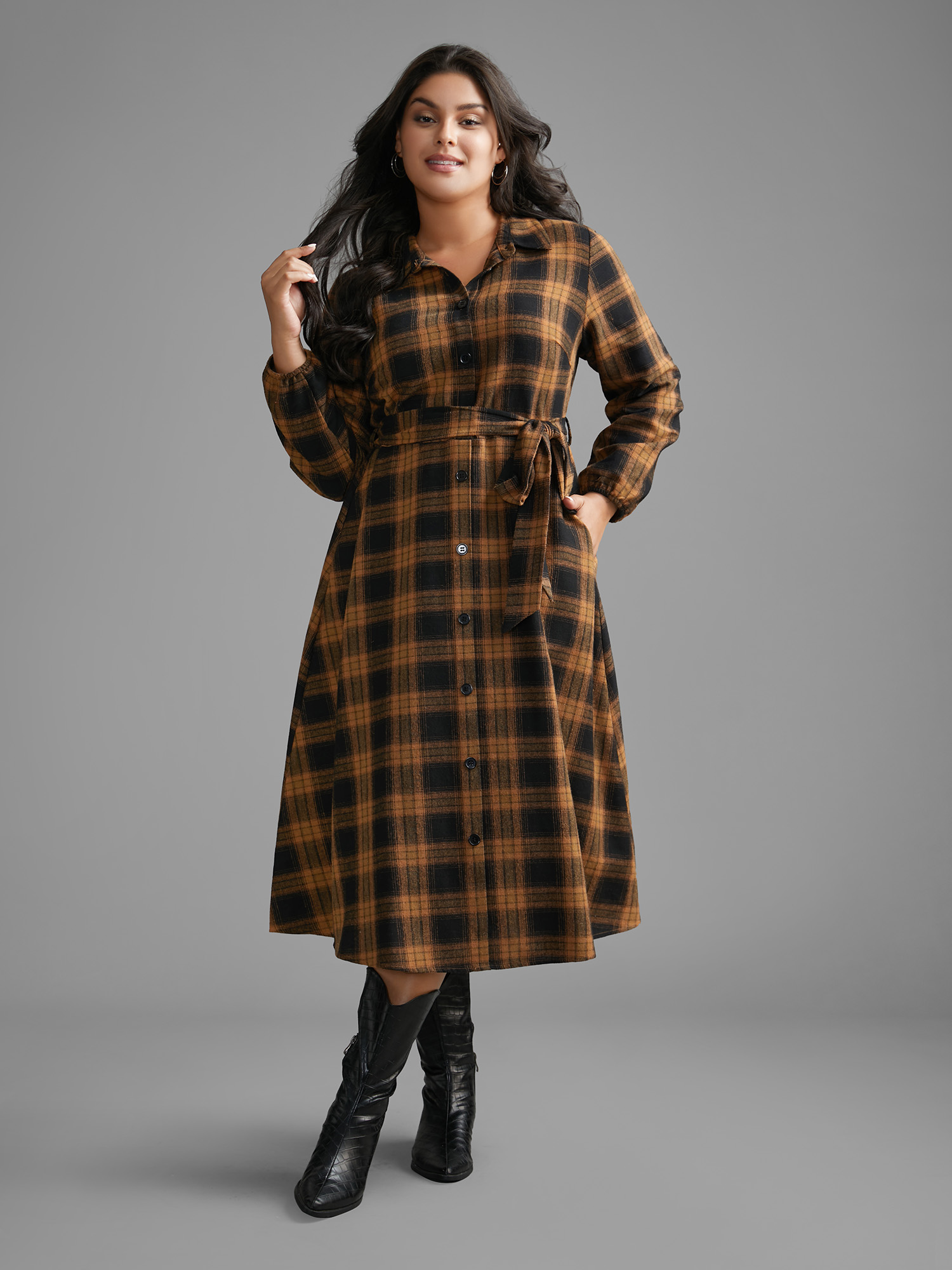 

Plus Size Shirt Collar Plaid Belted Midi Dress Yellowishbrown Women Casual Belted Shirt collar Long Sleeve Curvy BloomChic