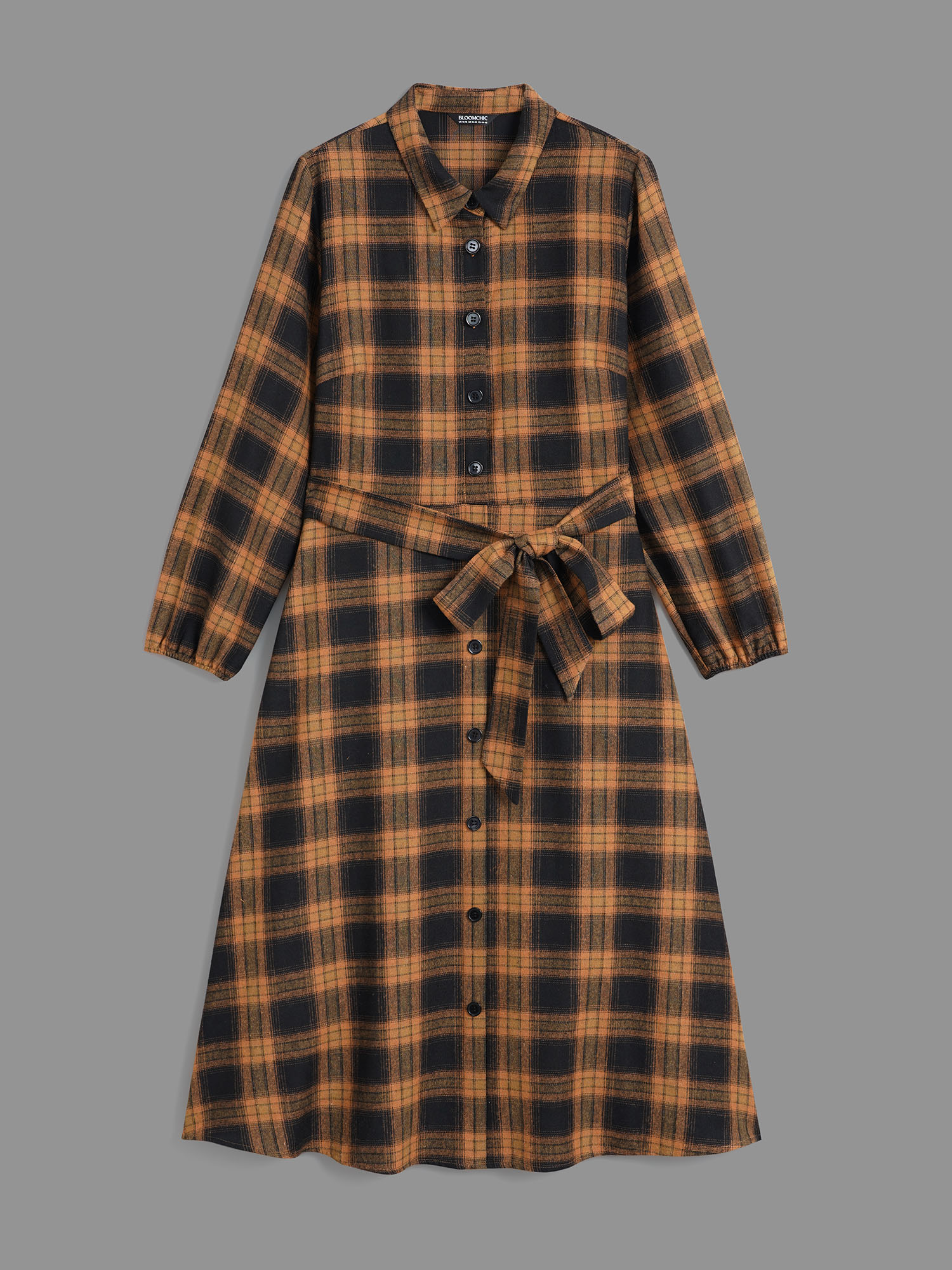 

Plus Size Shirt Collar Plaid Belted Midi Dress Yellowishbrown Women Casual Belted Shirt collar Long Sleeve Curvy BloomChic