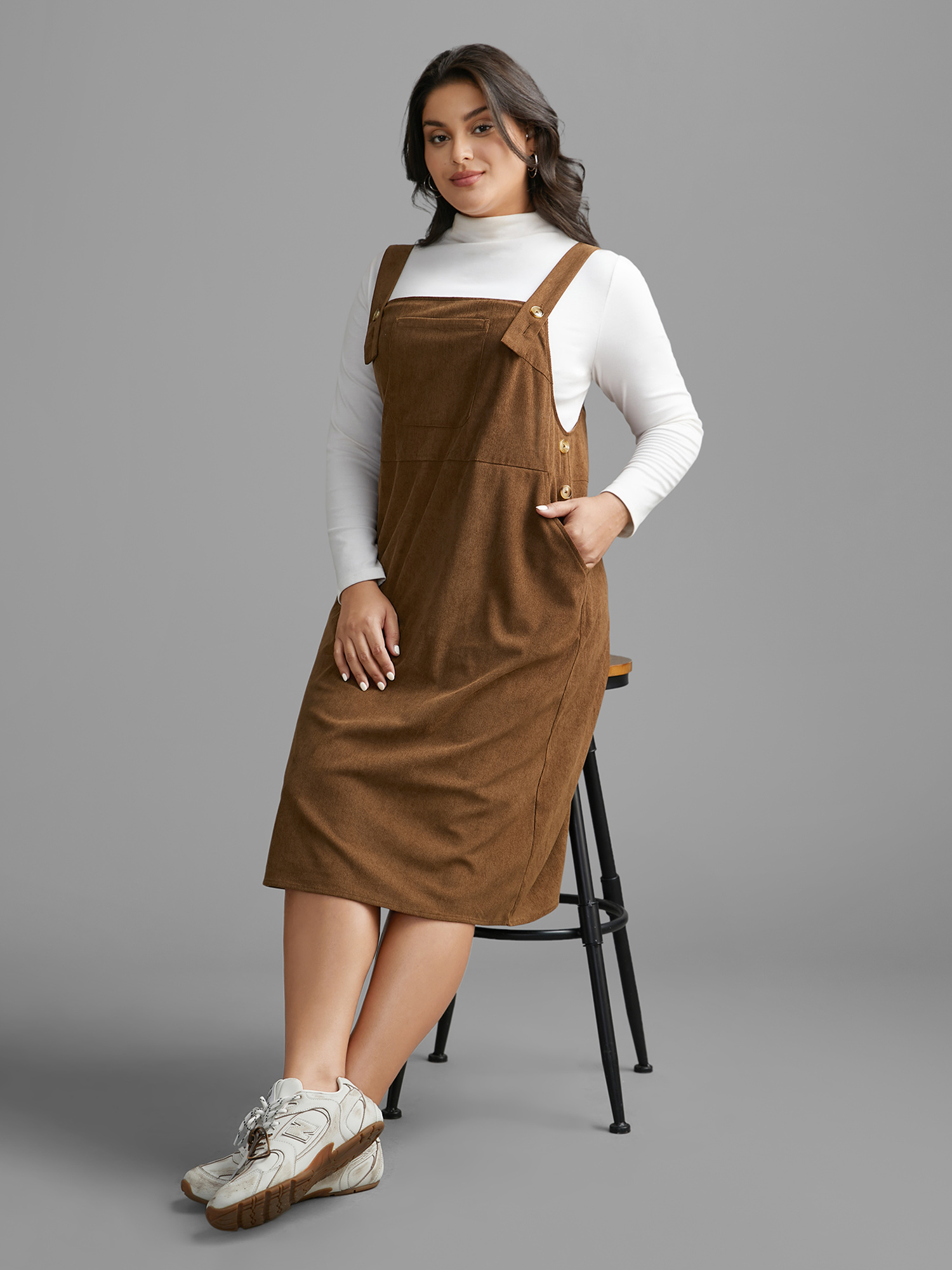 

Plus Size Corduroy Patched Pocket Button Detail Dress Browncoffeecolor Women Casual Texture Non Sleeveless Curvy BloomChic