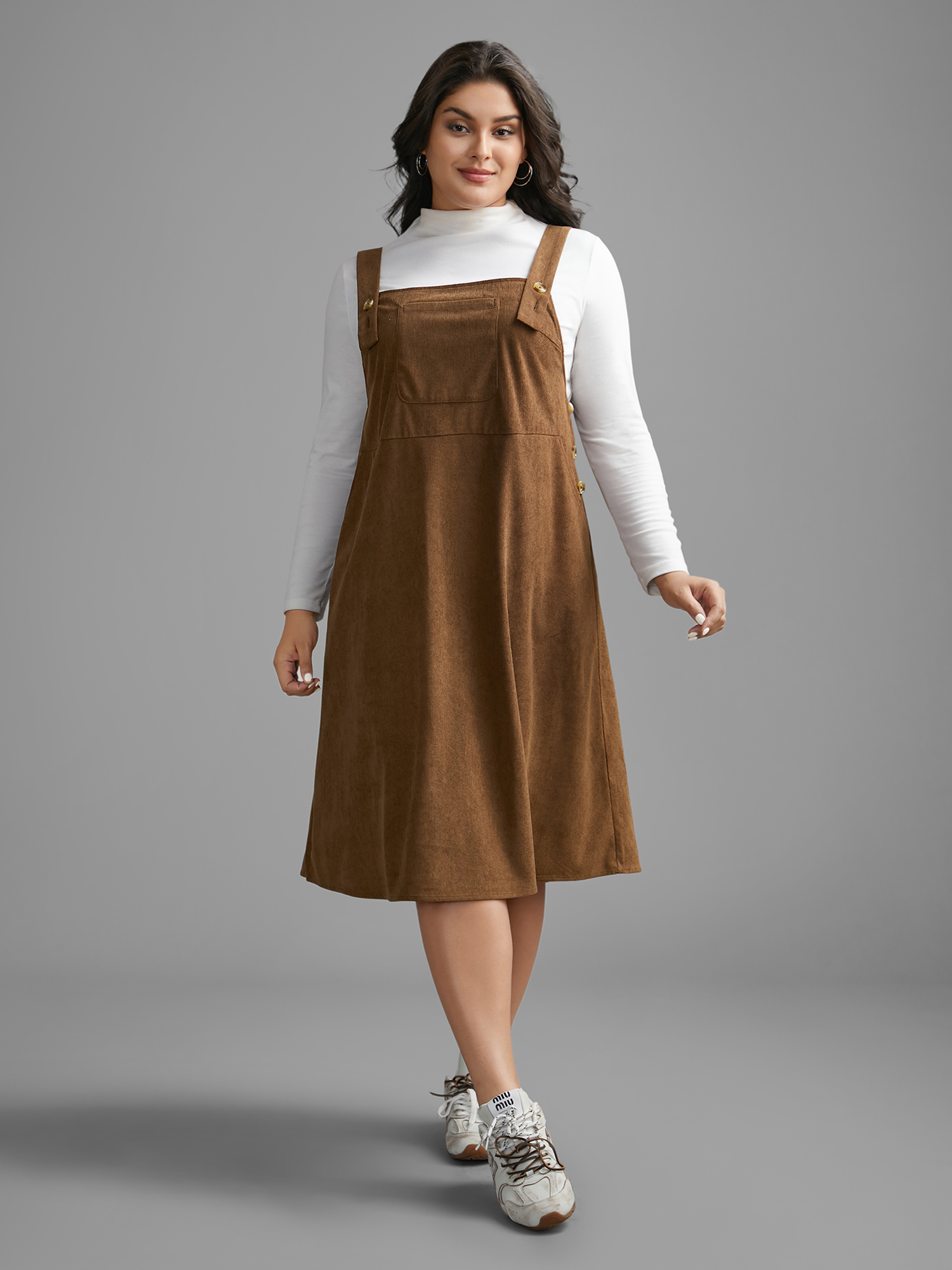 

Plus Size Corduroy Patched Pocket Button Detail Dress Browncoffeecolor Women Casual Texture Non Sleeveless Curvy BloomChic