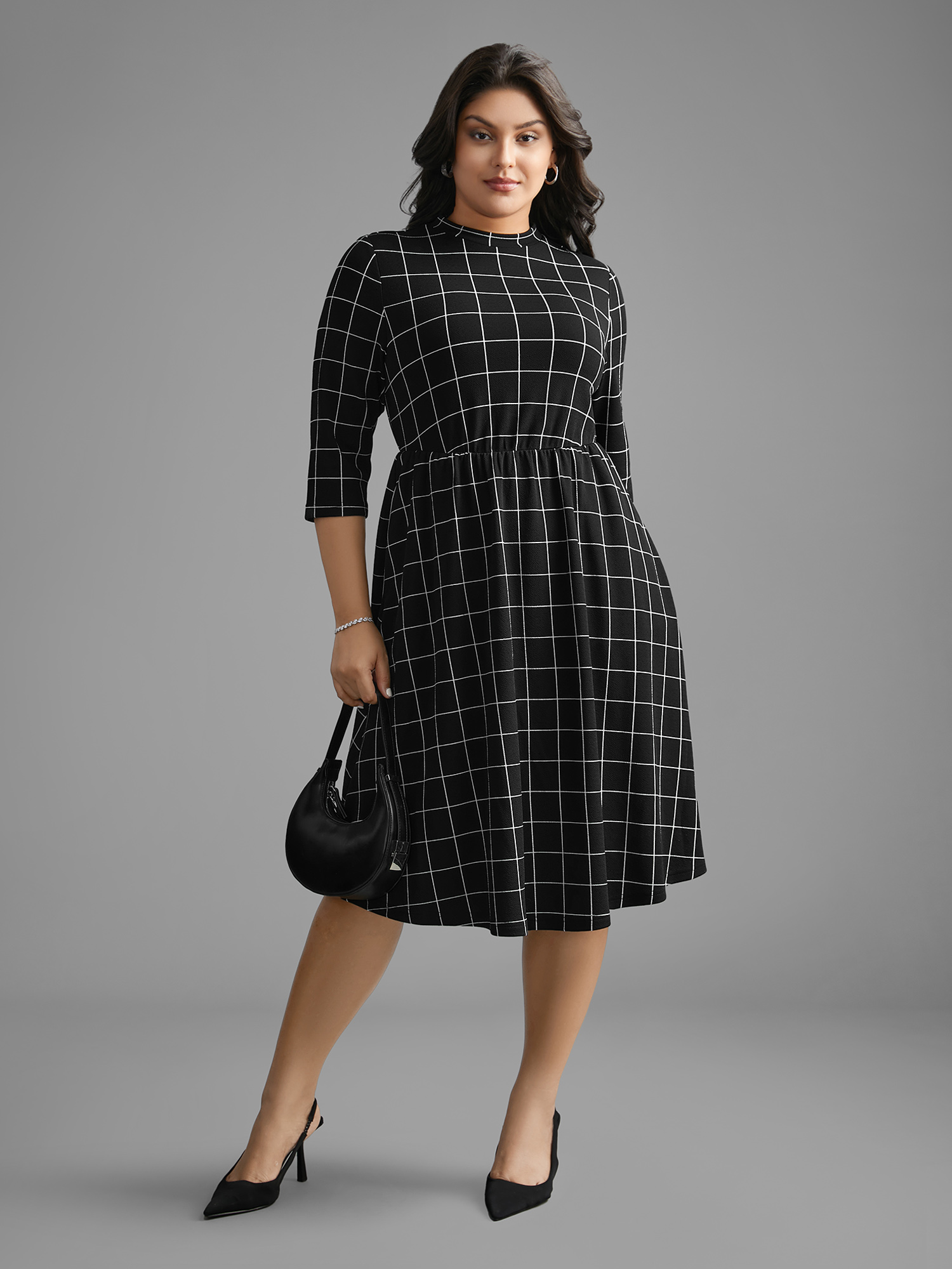 

Plus Size Plaid Mock Neck Elastic Waist Dress Black Women At the Office Gathered Mock Neck Elbow-length sleeve Curvy BloomChic