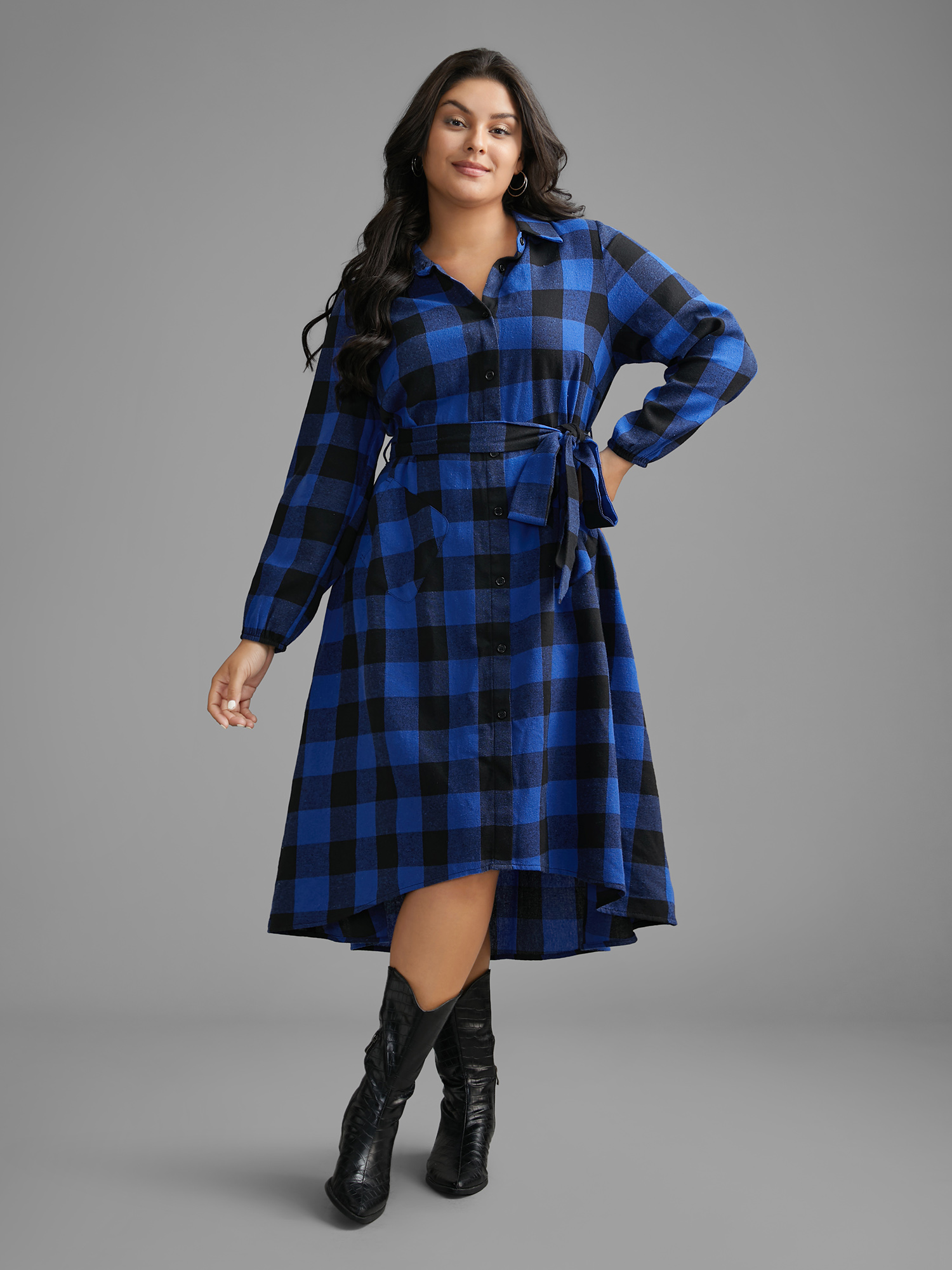 

Plus Size Plaid Patch Pocket Belted Midi Dress DarkBlue Women Casual Belted Shirt collar Long Sleeve Curvy BloomChic