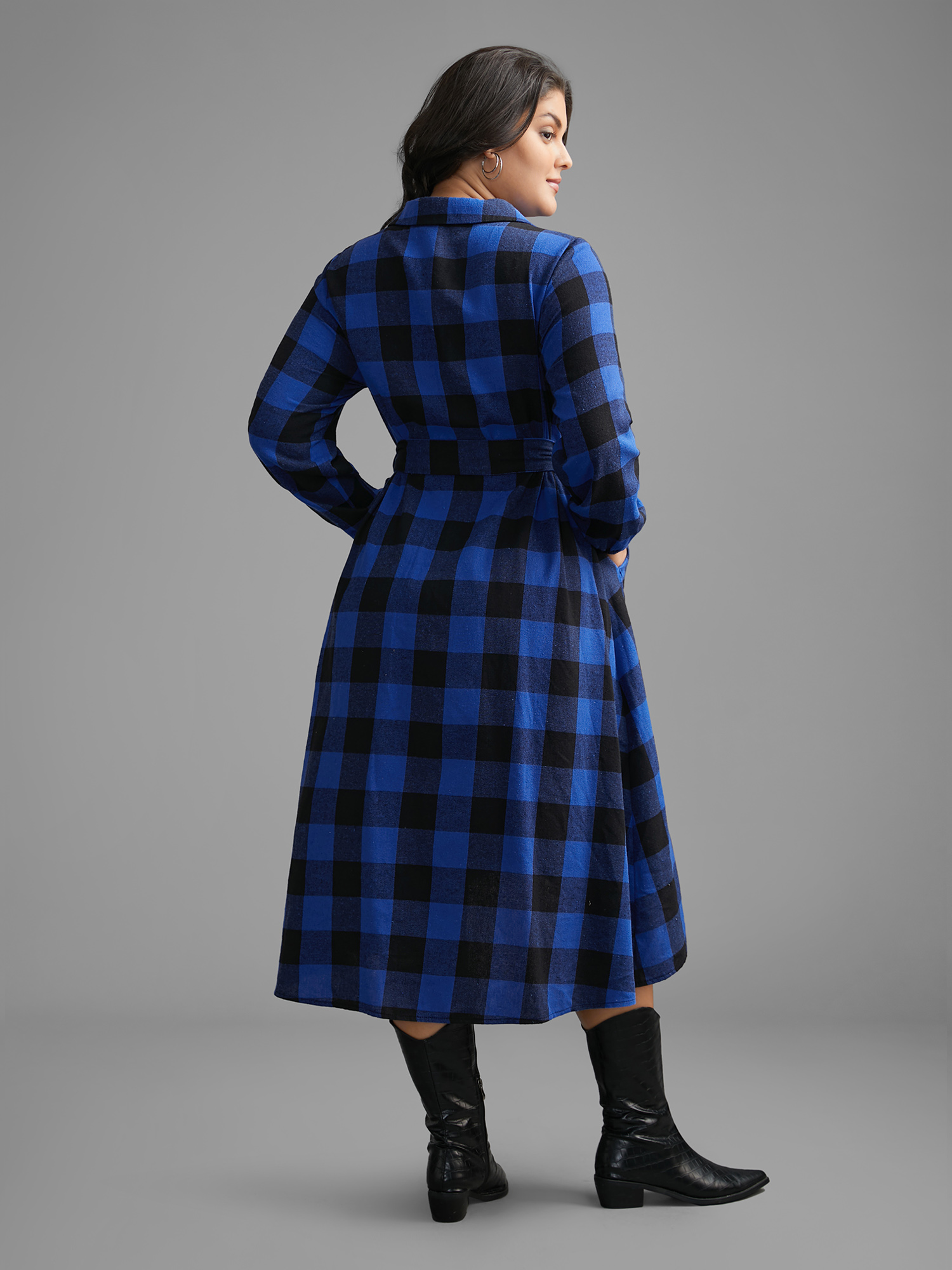 

Plus Size Plaid Patch Pocket Belted Midi Dress DarkBlue Women Casual Belted Shirt collar Long Sleeve Curvy BloomChic