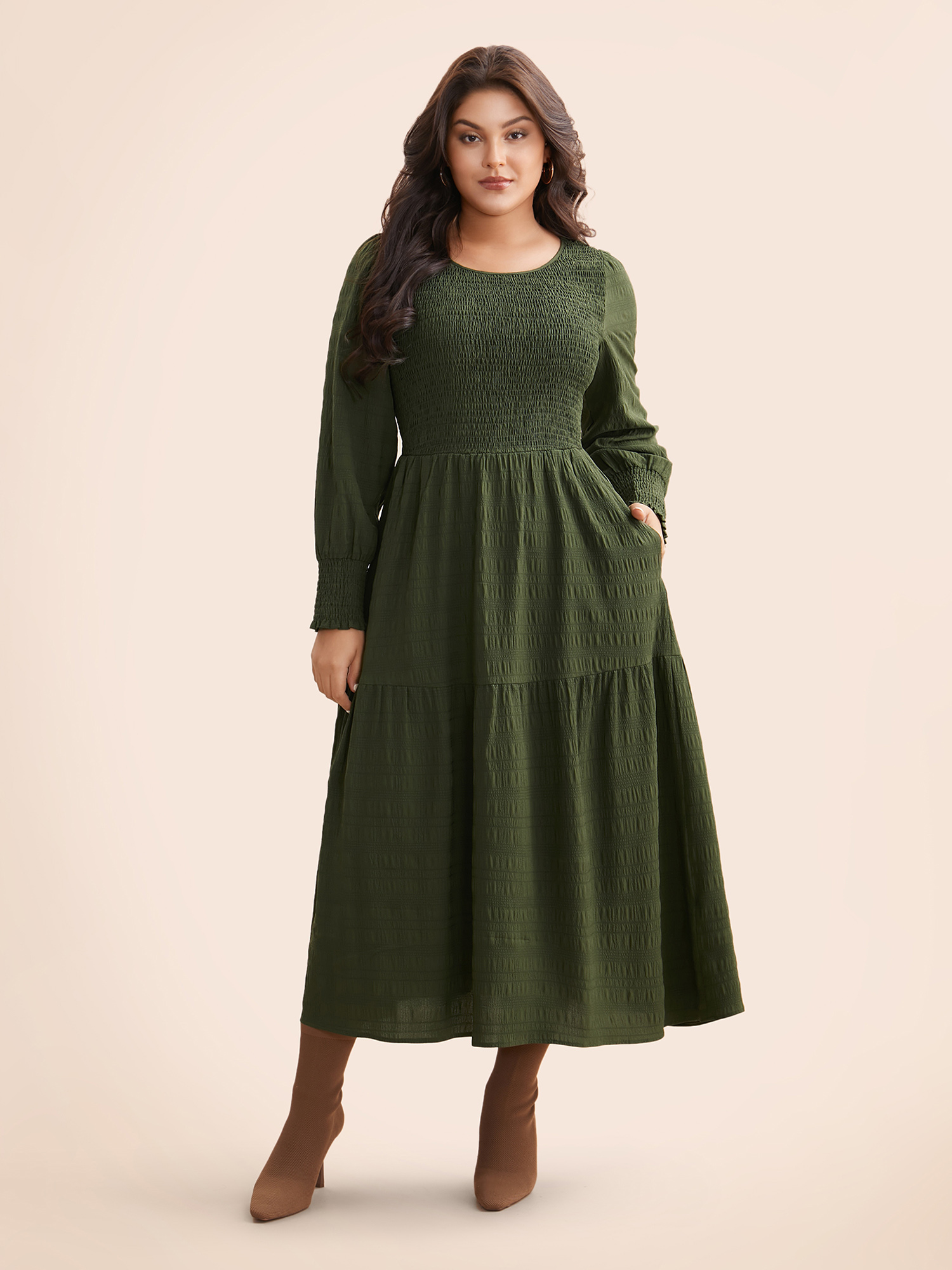 

Plus Size Plain Textured Shirred Midi Dress Moss Women Elegant Texture Round Neck Long Sleeve Curvy BloomChic