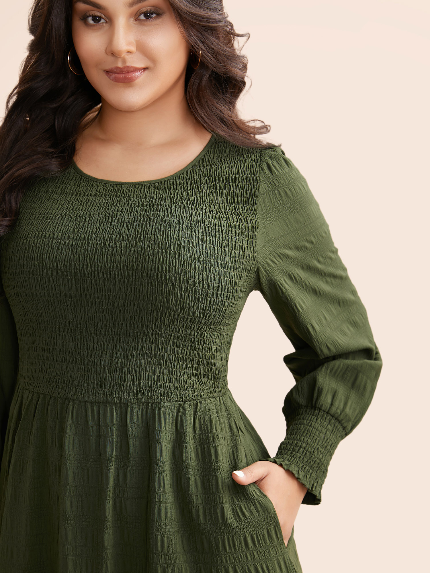 Plus Size Plain Textured Shirred Midi Dress Moss Women Elegant Texture Round Neck Long Sleeve Curvy BloomChic 28/5X 