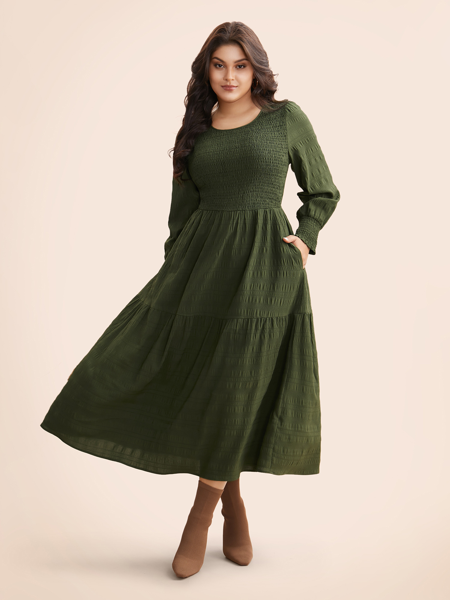Plus Size Plain Textured Shirred Midi Dress Moss Women Elegant Texture Round Neck Long Sleeve Curvy BloomChic 28/5X 