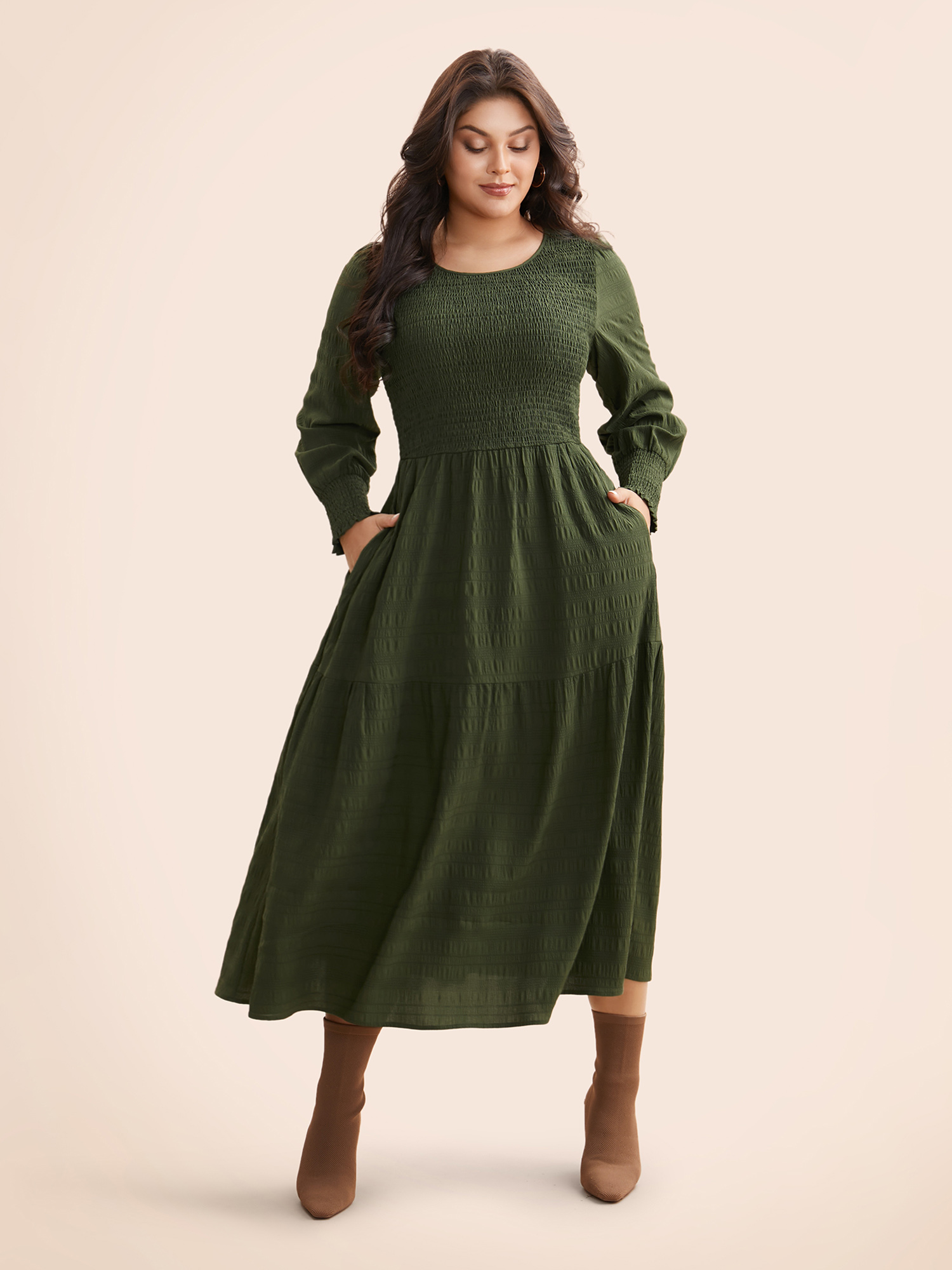 Plus Size Plain Textured Shirred Midi Dress Moss Women Elegant Texture Round Neck Long Sleeve Curvy BloomChic 28/5X 