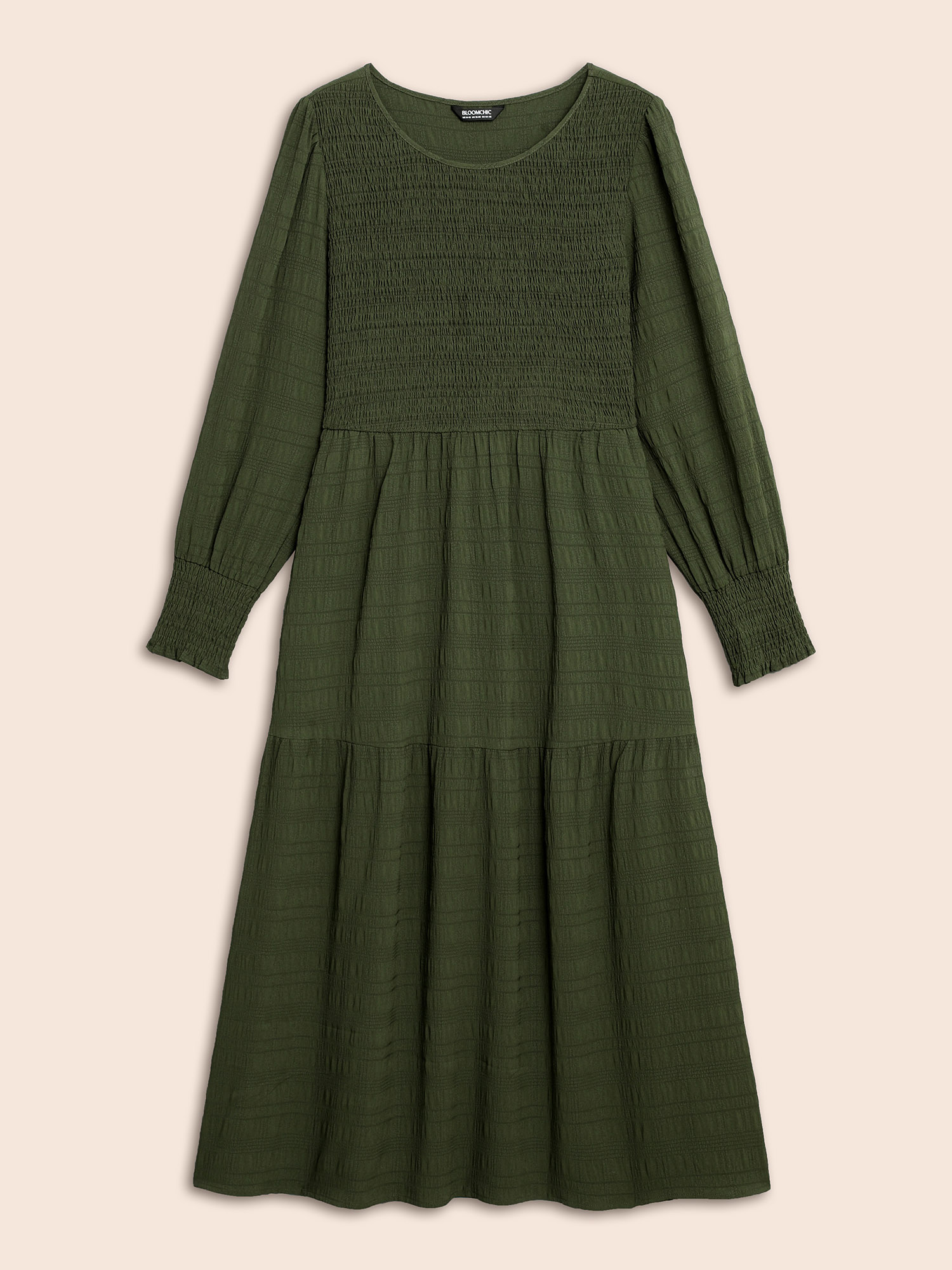 Plus Size Plain Textured Shirred Midi Dress Moss Women Elegant Texture Round Neck Long Sleeve Curvy BloomChic 28/5X 