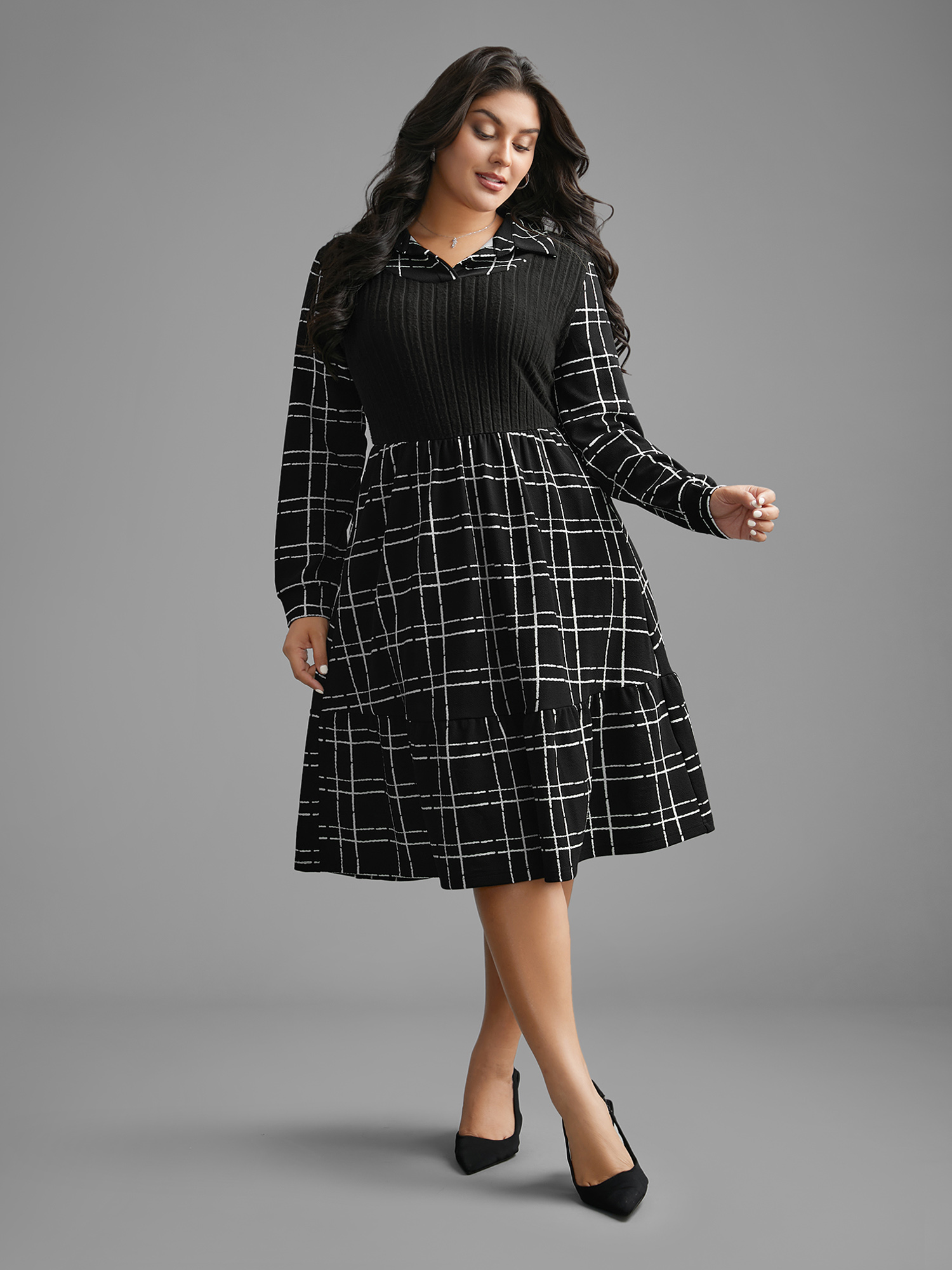 

Plus Size Plaid Patchwork Texture Ruffle Hem Dress Black Women At the Office Texture Shirt collar Long Sleeve Curvy BloomChic