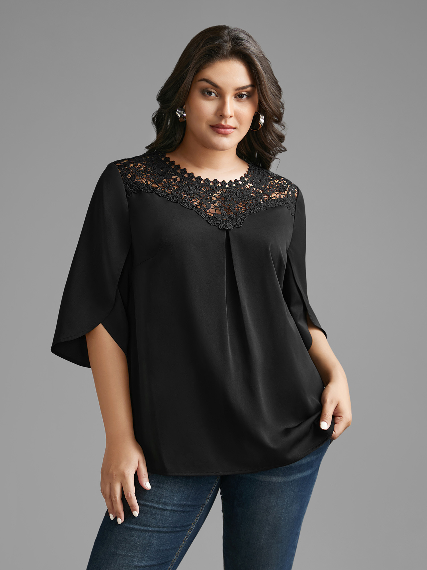 

Plus Size Black Static-Free Lace Patchwork Pleated Petal Sleeve Blouse Women Elegant Elbow-length sleeve Lace collar Everyday Blouses BloomChic