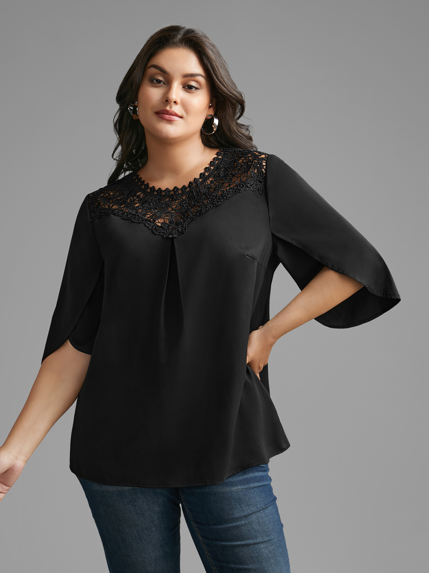 

Plus Size Black Static-Free Lace Patchwork Pleated Petal Sleeve Blouse Women Elegant Elbow-length sleeve Lace collar Everyday Blouses BloomChic