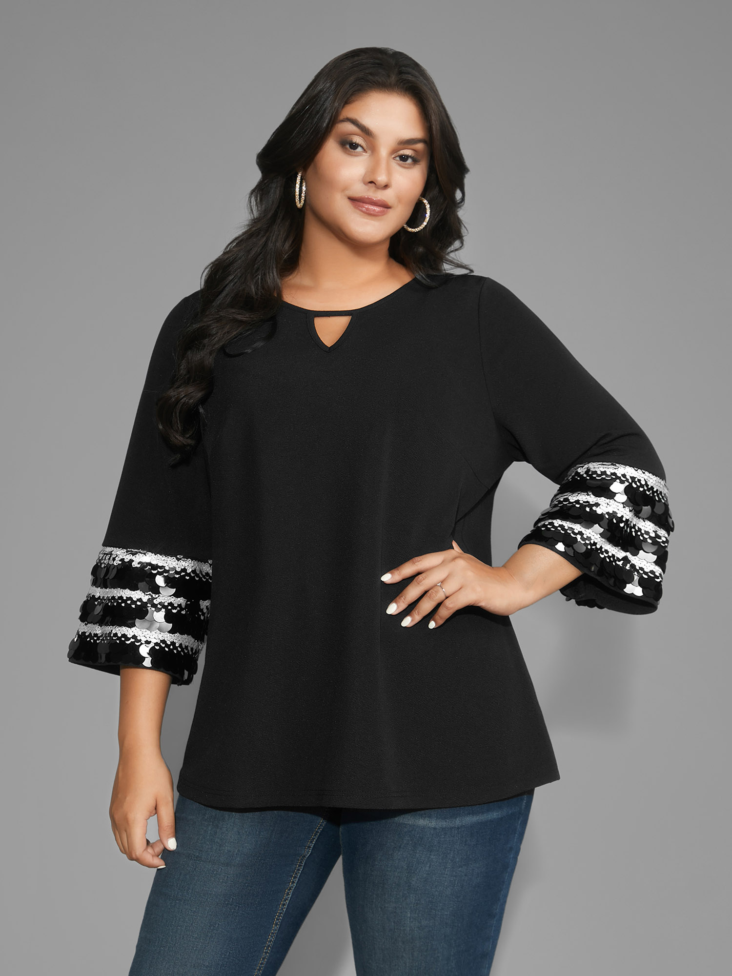 

Plus Size Black Sequin Patchwork Keyhole Bell Sleeve Blouse Women Elegant Three Quater Length Sleeve Round Neck Everyday Blouses BloomChic