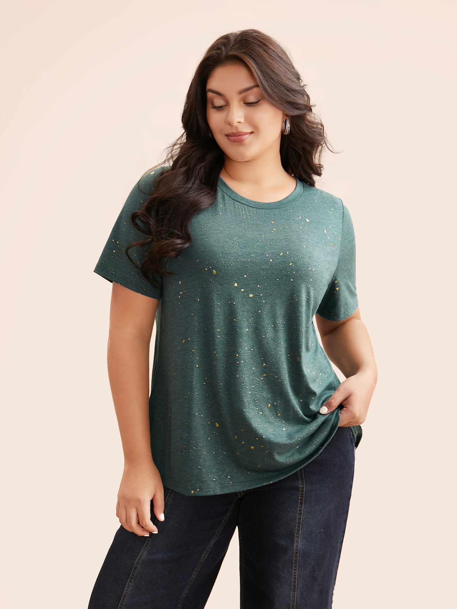 

Plus Size Plain Textured Round Neck T-shirt Emerald Women Casual Non Non Everyday T-shirts BloomChic