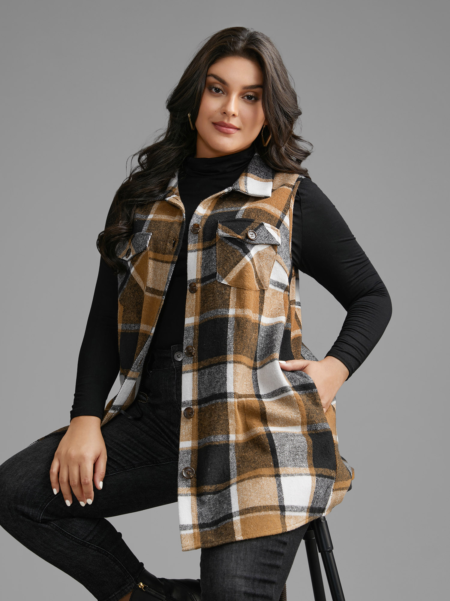 

Plus Size Plaid Flap Detail Sleeveless Jacket Women Yellowishbrown Button Side seam pocket Everyday Jackets BloomChic