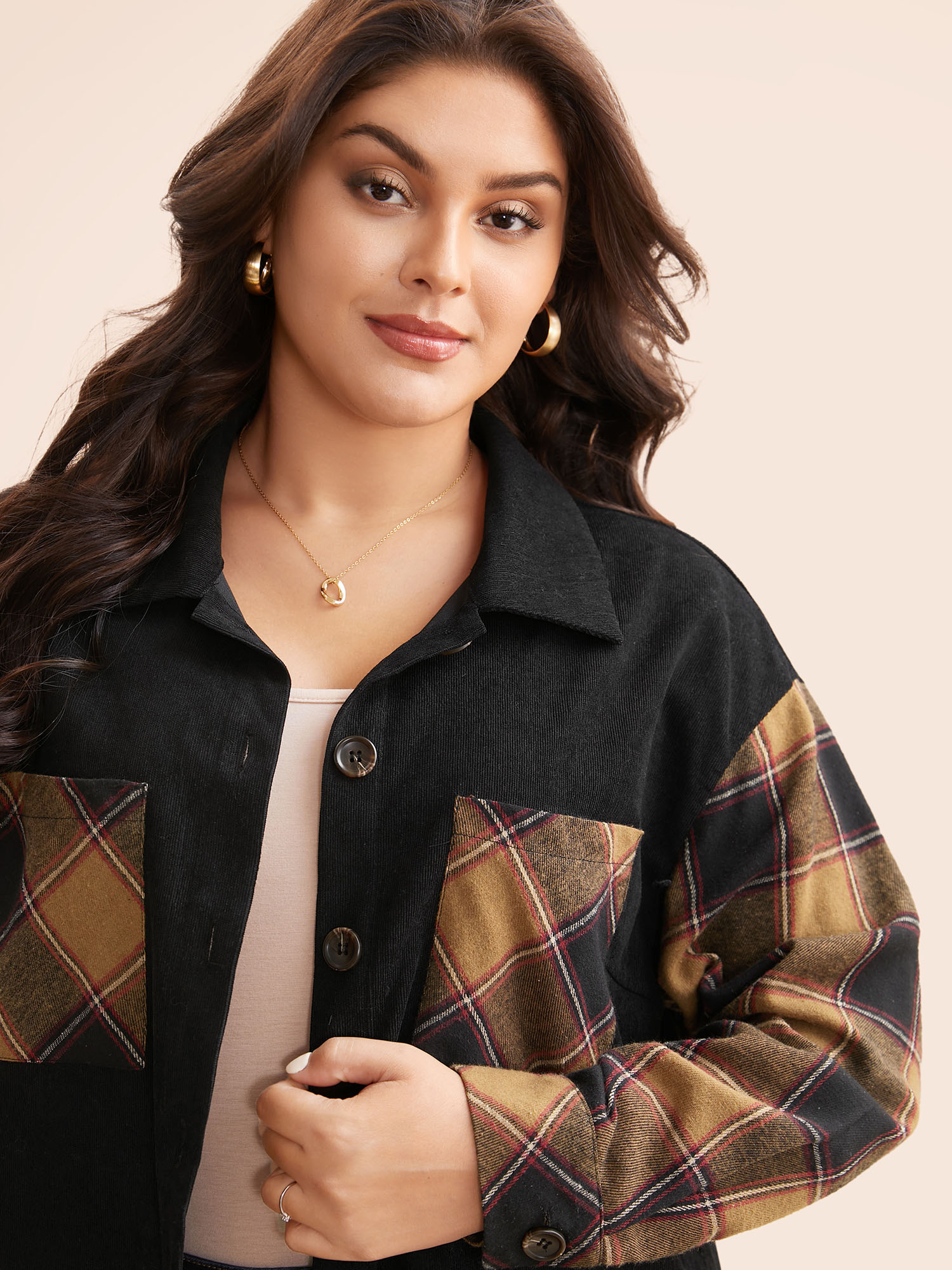 

Plus Size Plaid Patchwork Patched Pocket Jacket Women Black Contrast Loose Patch pocket Everyday Jackets BloomChic