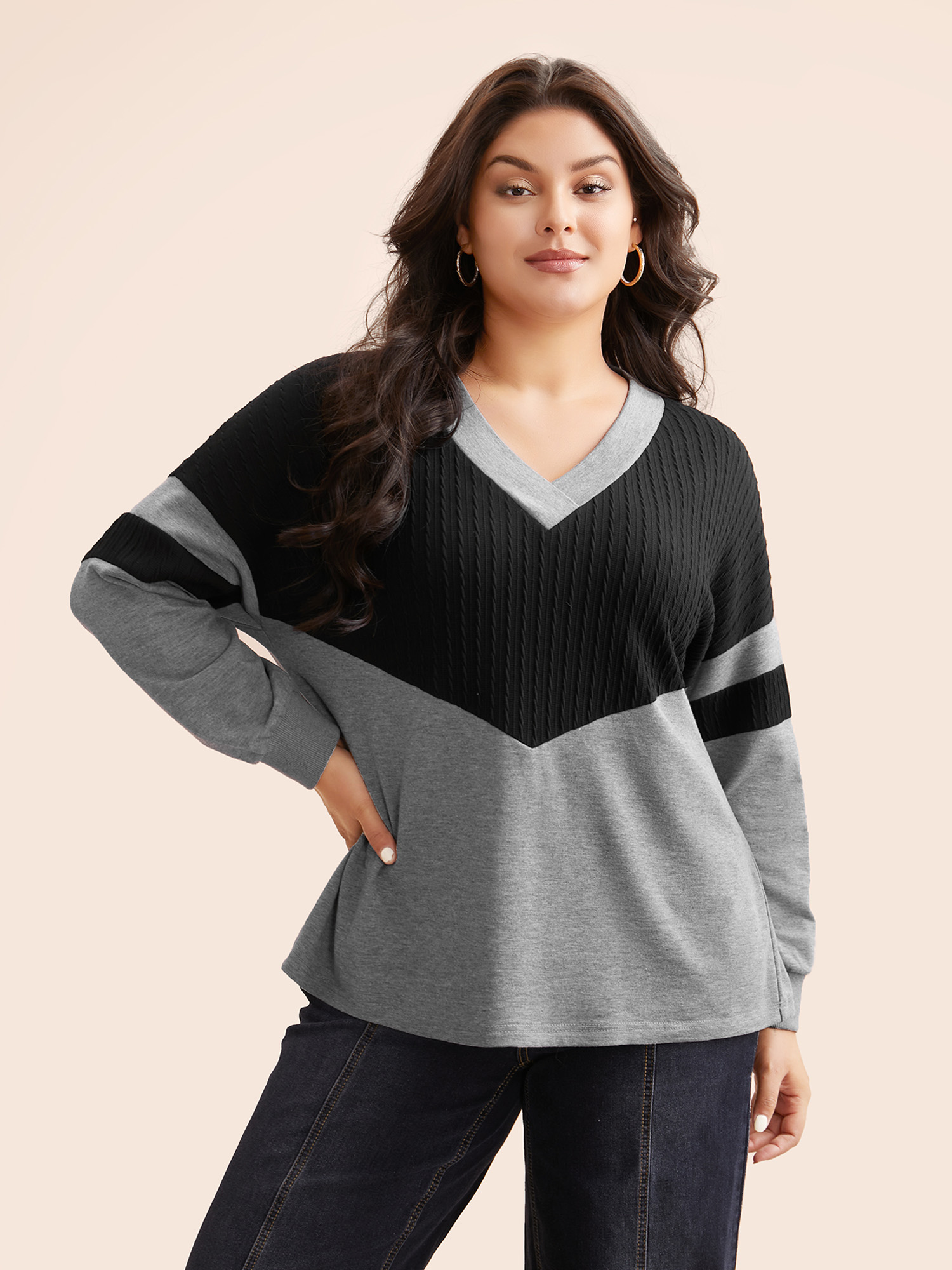 

Plus Size Texture Patchwork Contrast V Neck Sweatshirt Women Black Casual Texture Loose V-neck Everyday Sweatshirts BloomChic