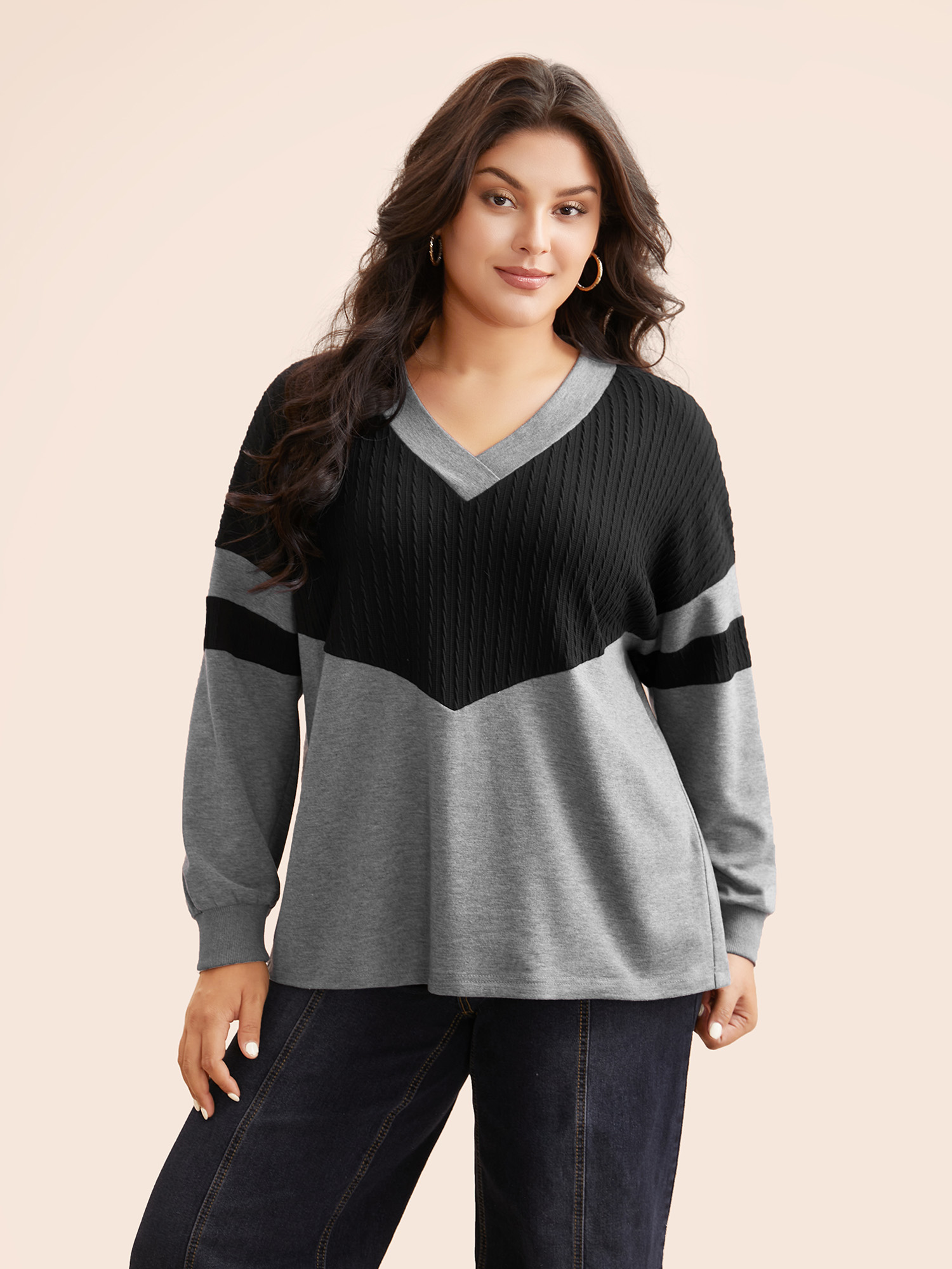 

Plus Size Texture Patchwork Contrast V Neck Sweatshirt Women Black Casual Texture Loose V-neck Everyday Sweatshirts BloomChic