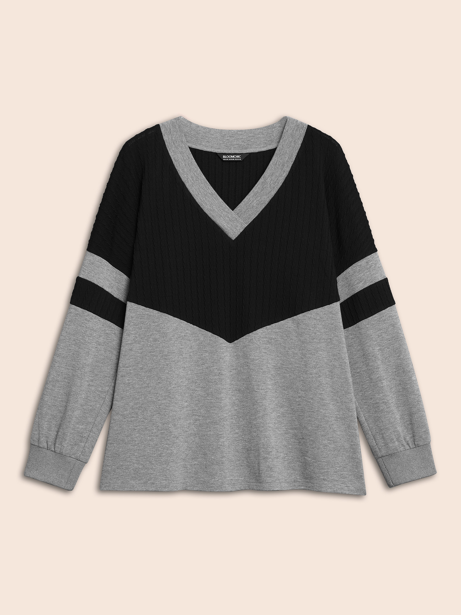 Plus Size Texture Patchwork Contrast V Neck Sweatshirt Women Black Casual Texture Loose V-neck Everyday Sweatshirts BloomChic 12/L 