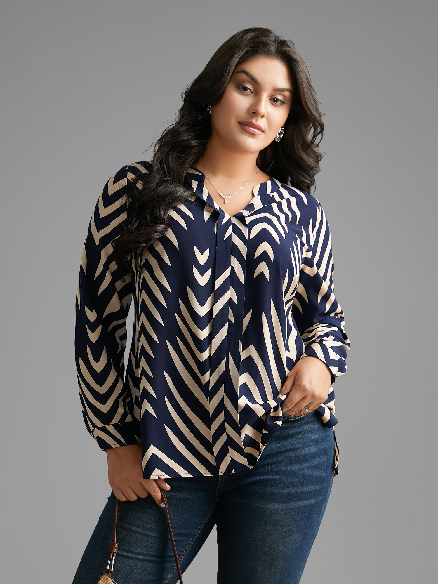 

Plus Size Indigo Geometric Notched Pleated Slit Hem Blouse Women At the Office Extra Long Sleeve Notched collar Work Blouses BloomChic