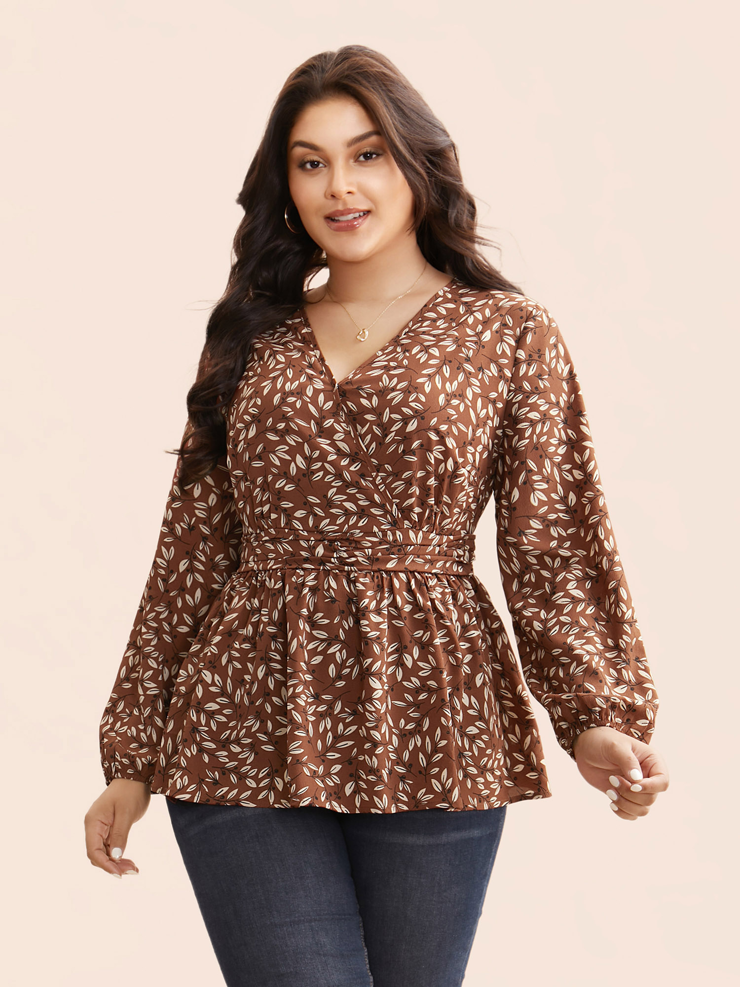 

Plus Size Browncoffeecolor Plants Print Overlap Collar Shirred Blouse Women Elegant Extra Long Sleeve Overlap Collar Everyday Blouses BloomChic