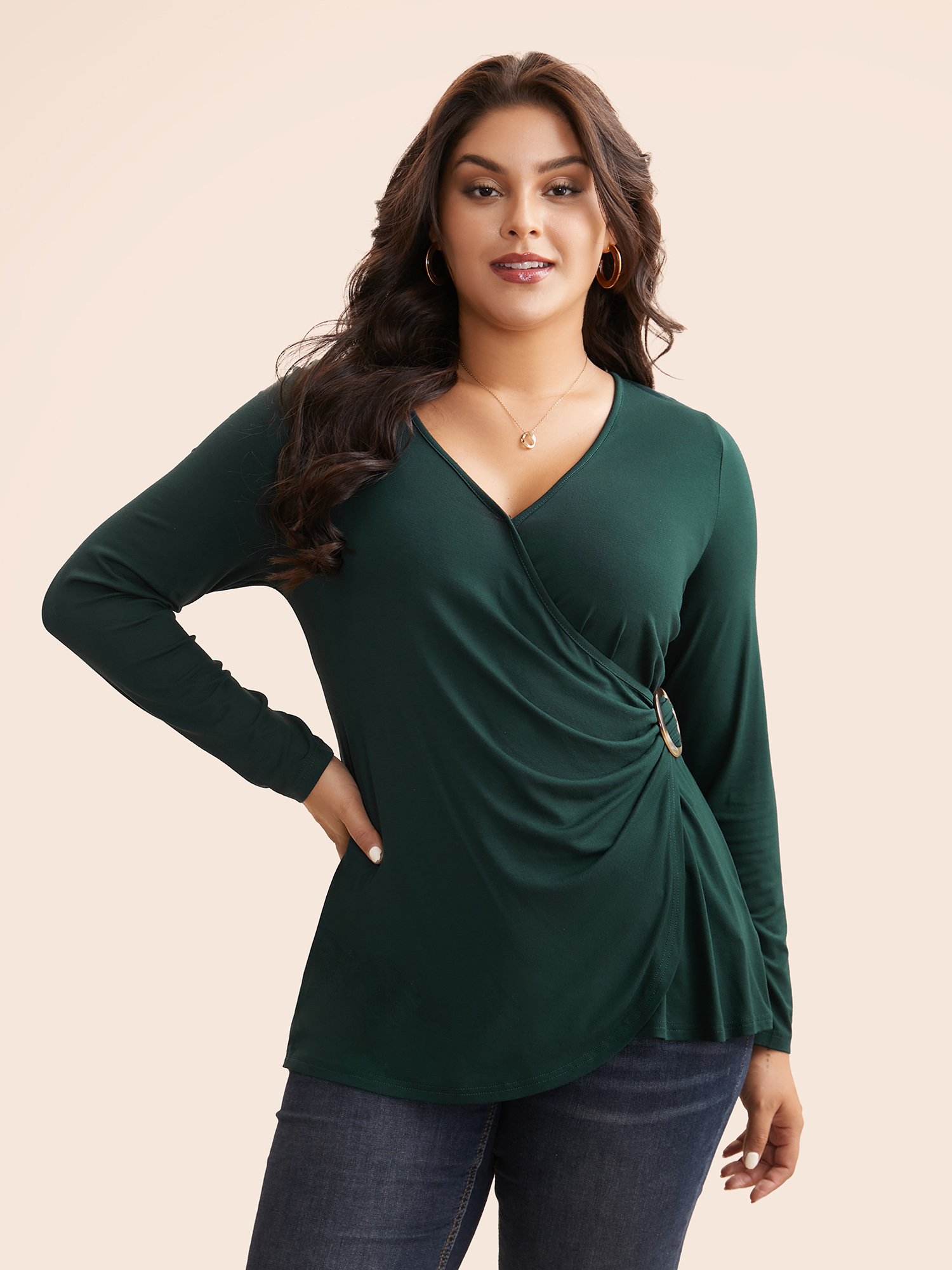 

Plus Size Overlap Collar Gathered Buckle Detail Jersey Top DarkGreen Overlap Collar Extra Long Sleeve Elegant Jersey Tops