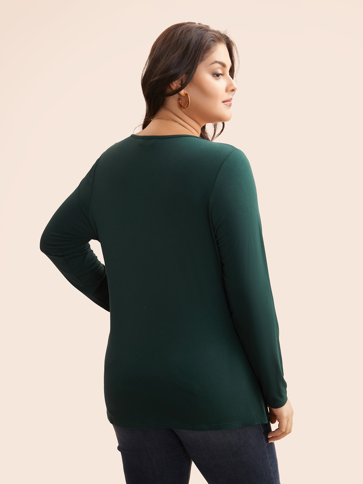 

Plus Size Overlap Collar Gathered Buckle Detail Jersey Top DarkGreen Overlap Collar Extra Long Sleeve Elegant Jersey Tops