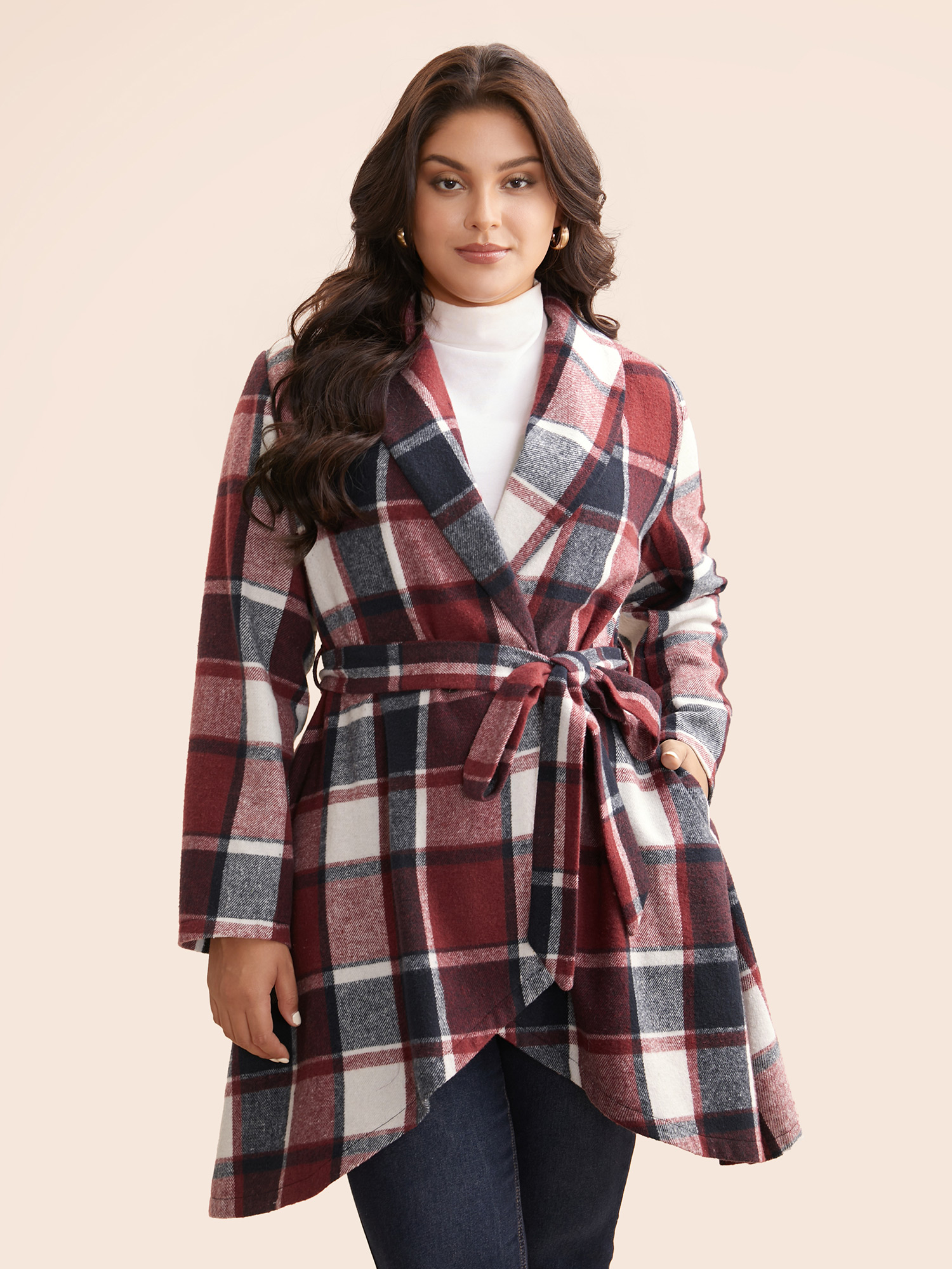 

Plus Size Plaid Asymmetrical Hem Belted Coat Women Burgundy Elegant Belted Ladies Everyday Winter Coats BloomChic