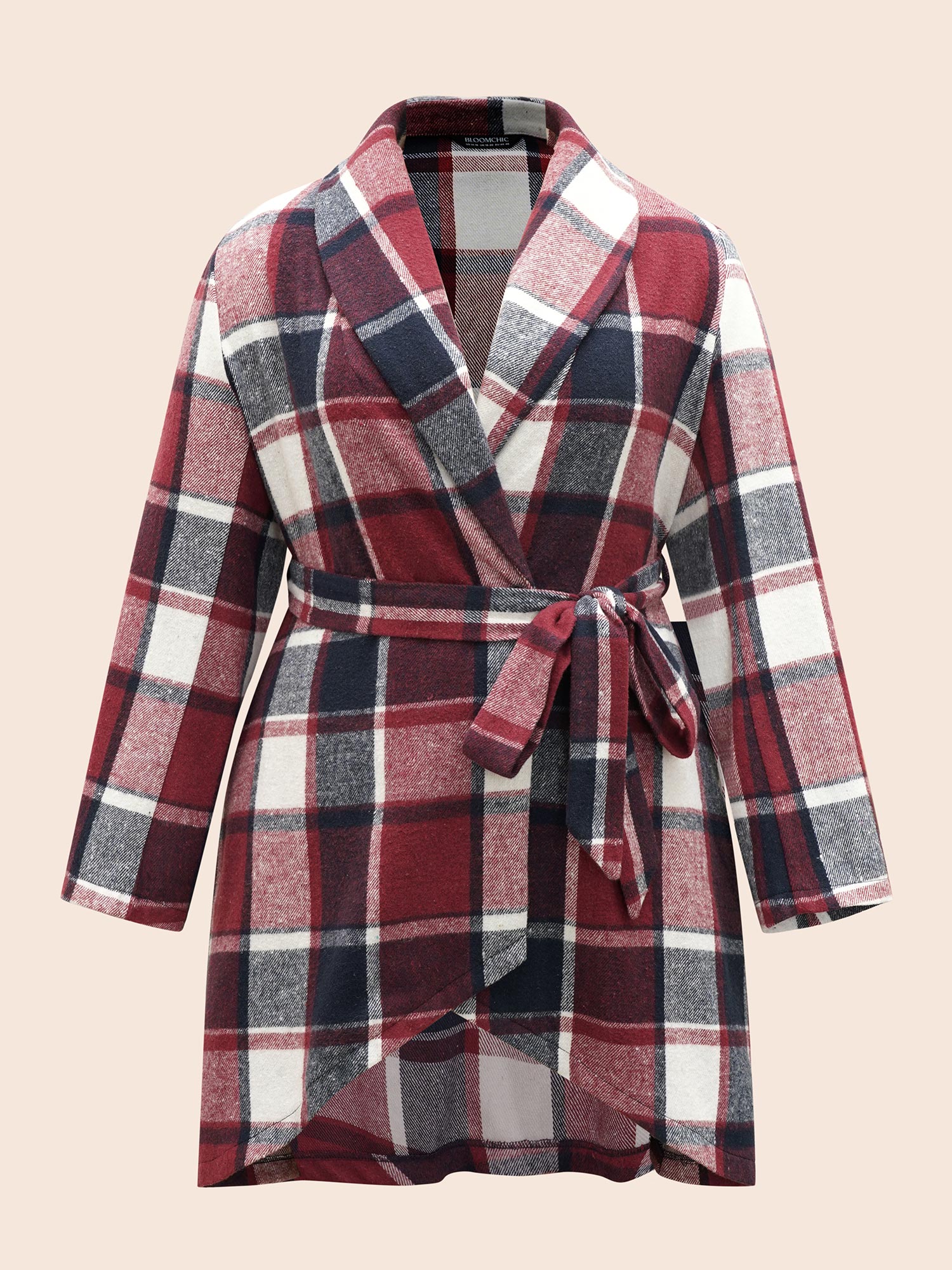 

Plus Size Plaid Asymmetrical Hem Belted Coat Women Burgundy Elegant Belted Ladies Everyday Winter Coats BloomChic