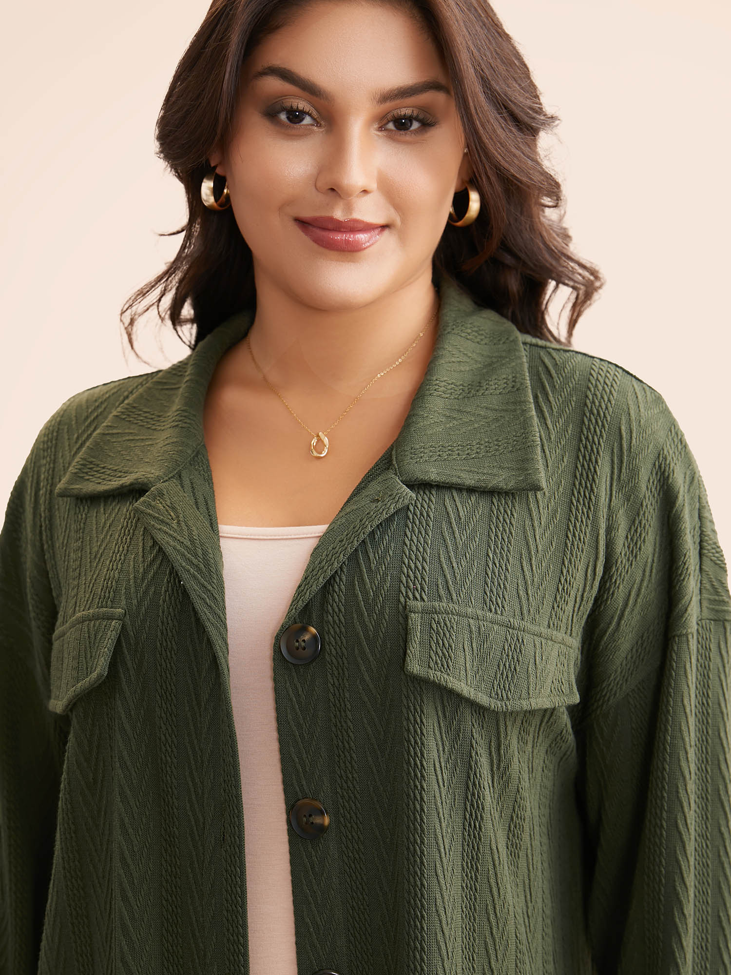 

Plus Size Textured Flap Detail Arc Hem Jacket Women ArmyGreen Texture Everyday Jackets BloomChic