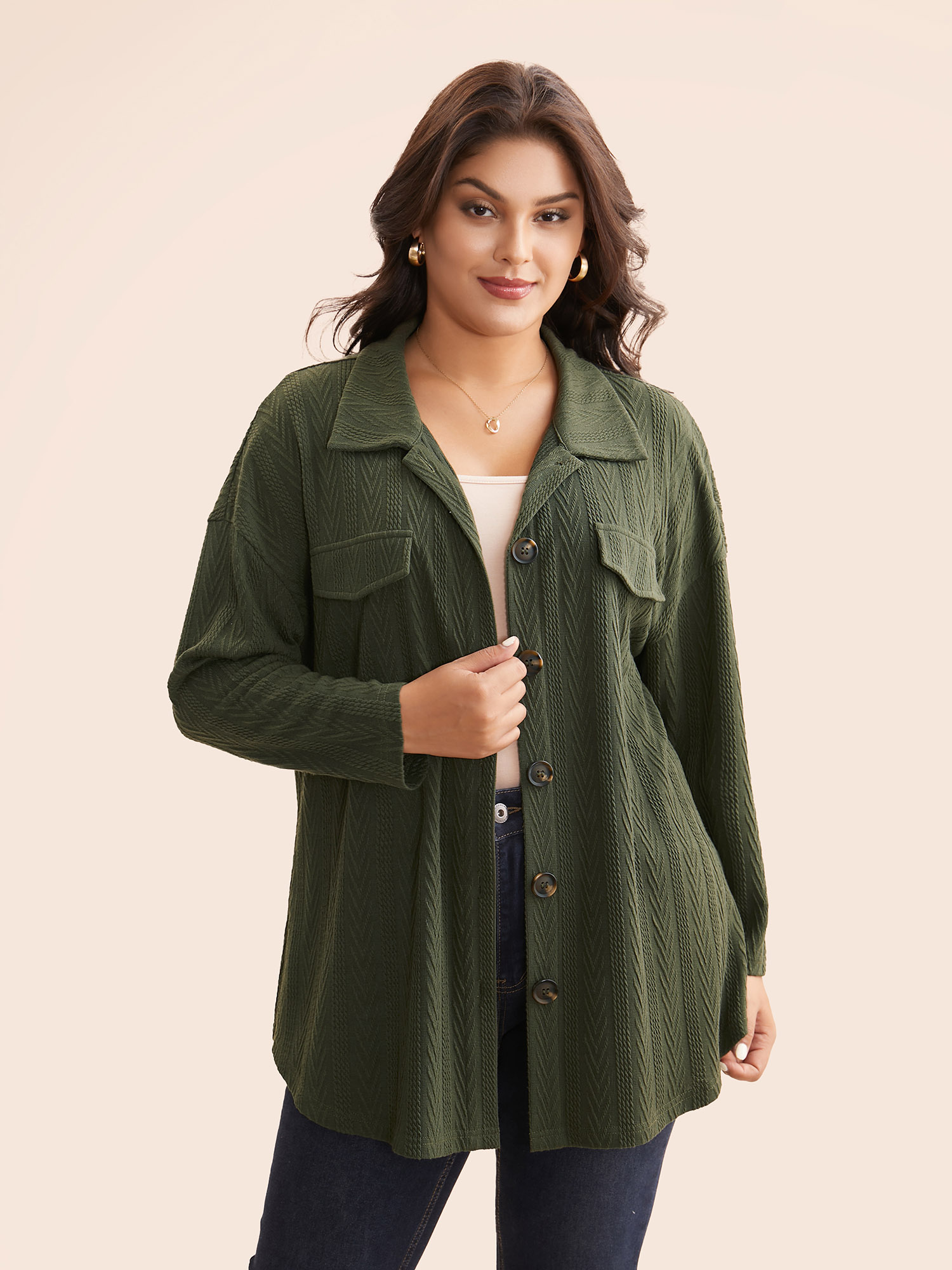 

Plus Size Textured Flap Detail Arc Hem Jacket Women ArmyGreen Texture Everyday Jackets BloomChic