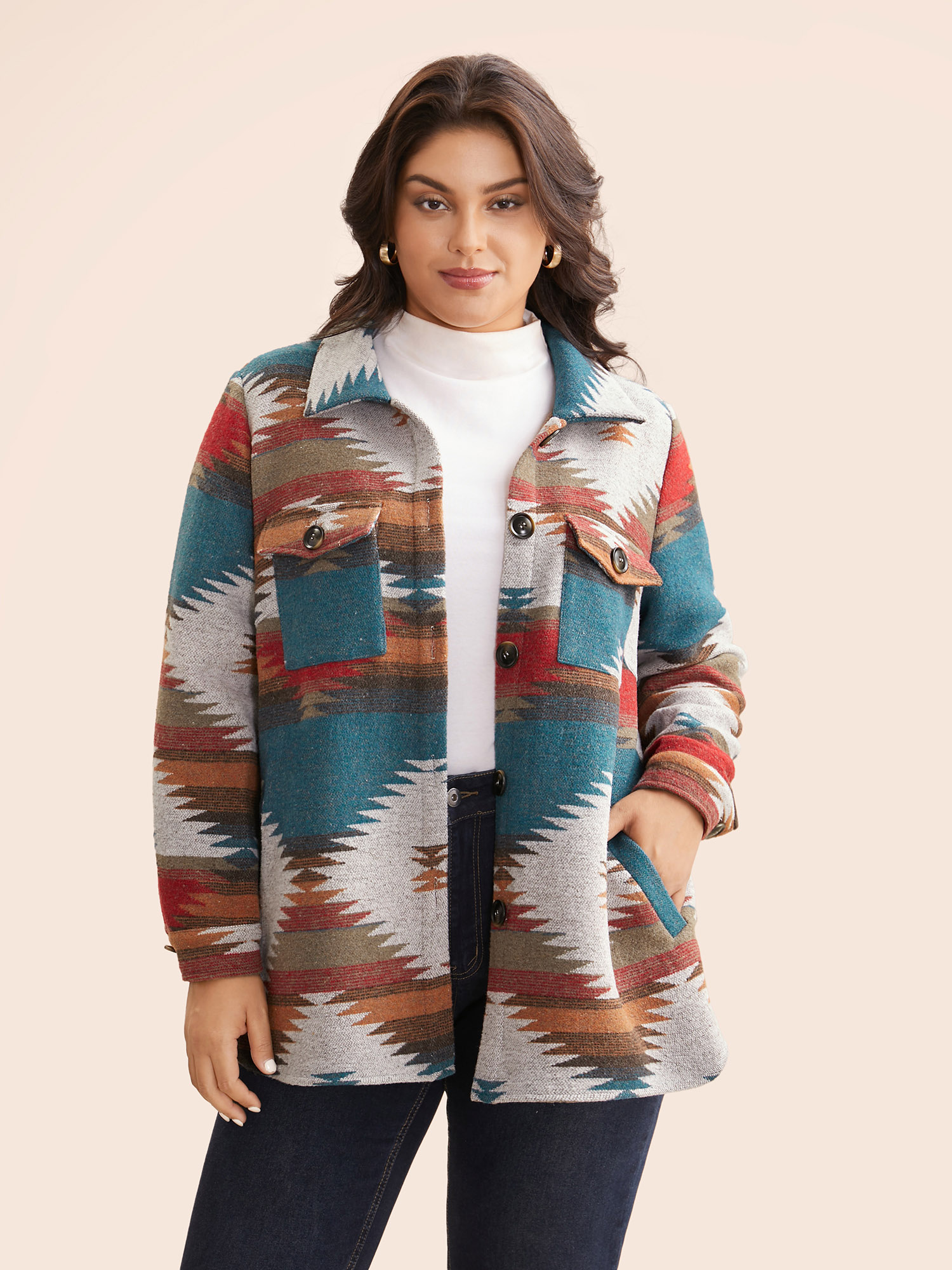 

Plus Size Geometric Contrast Flap Detail Jacket Women Multicolor Contrast Loose Slanted pocket Everyday Jackets BloomChic