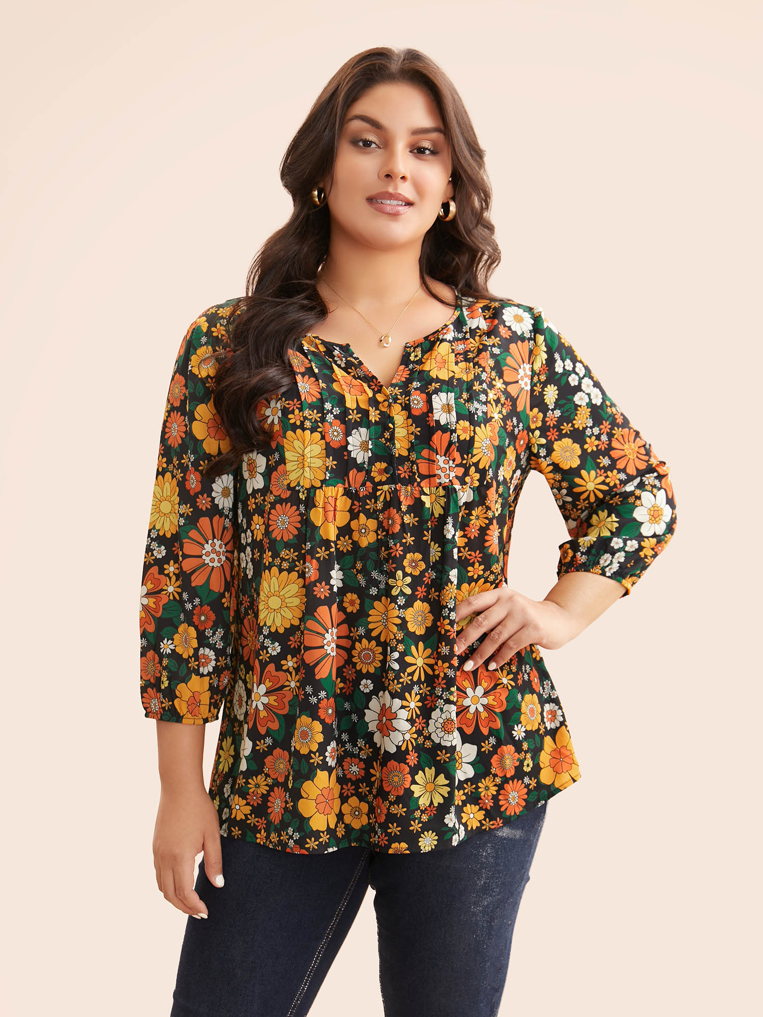 

Plus Size Multicolor Natural Flowers Lantern Sleeve Pleated Blouse Women Elegant Elbow-length sleeve Flat collar with V-notch Everyday Blouses BloomChic