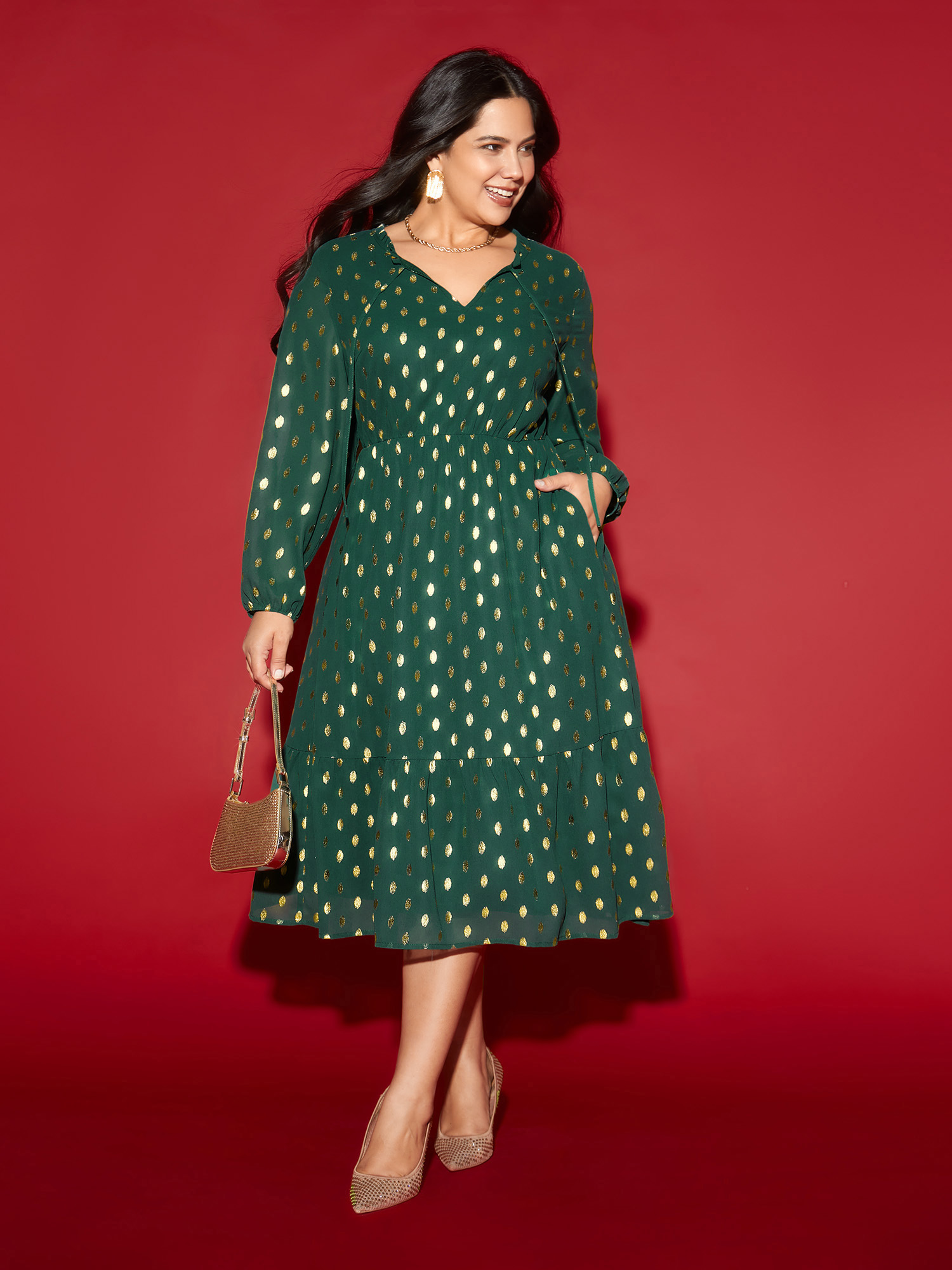 

Plus Size Glitter Notched Collar Tiered Hem Midi Dress ArmyGreen Women Cocktail Tie knot Party Curvy Bloomchic