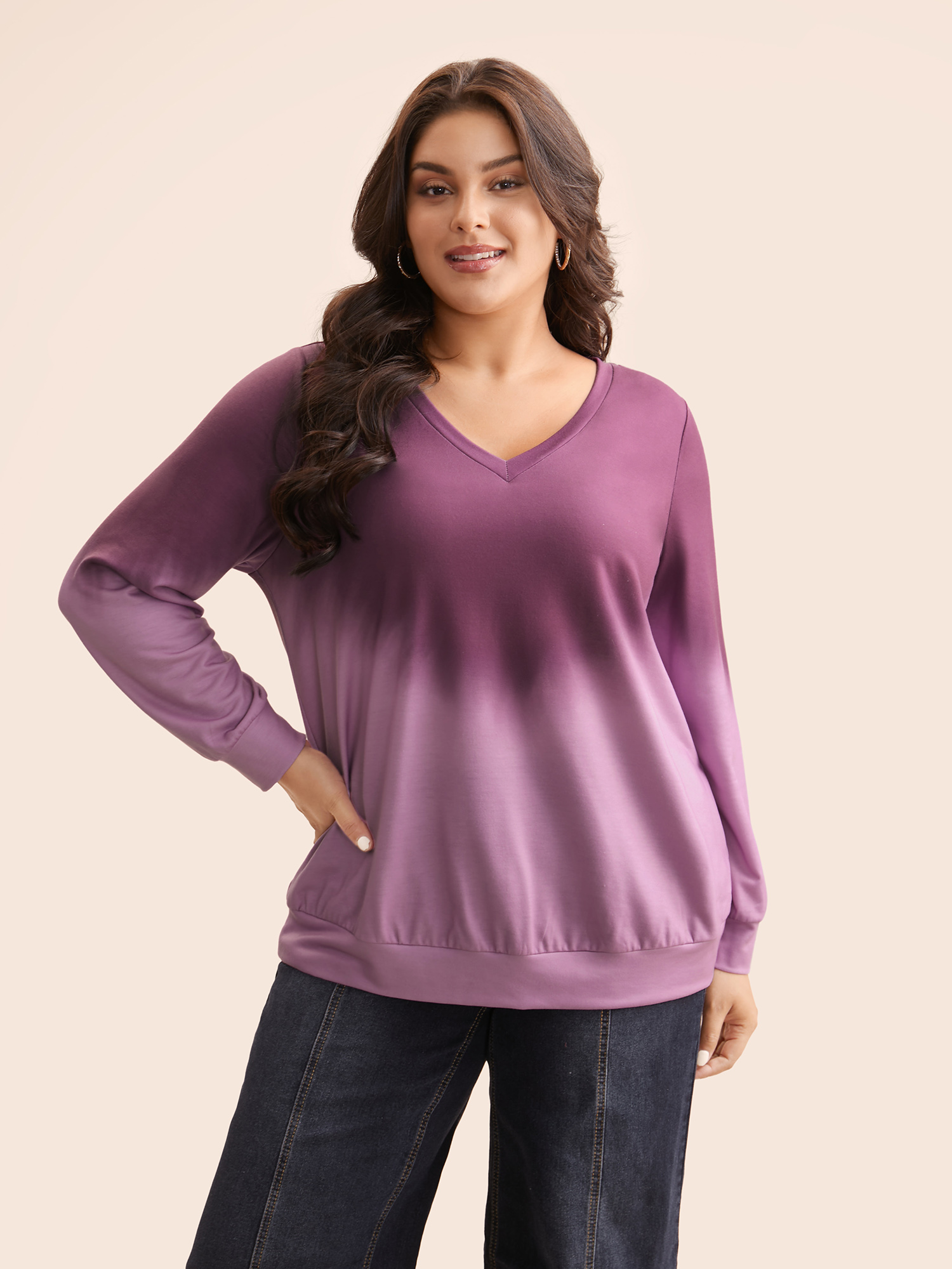 

Plus Size V Neck Gradient Dyeing Sweatshirt Women Deeppurplered Casual Contrast V-neck Everyday Sweatshirts BloomChic