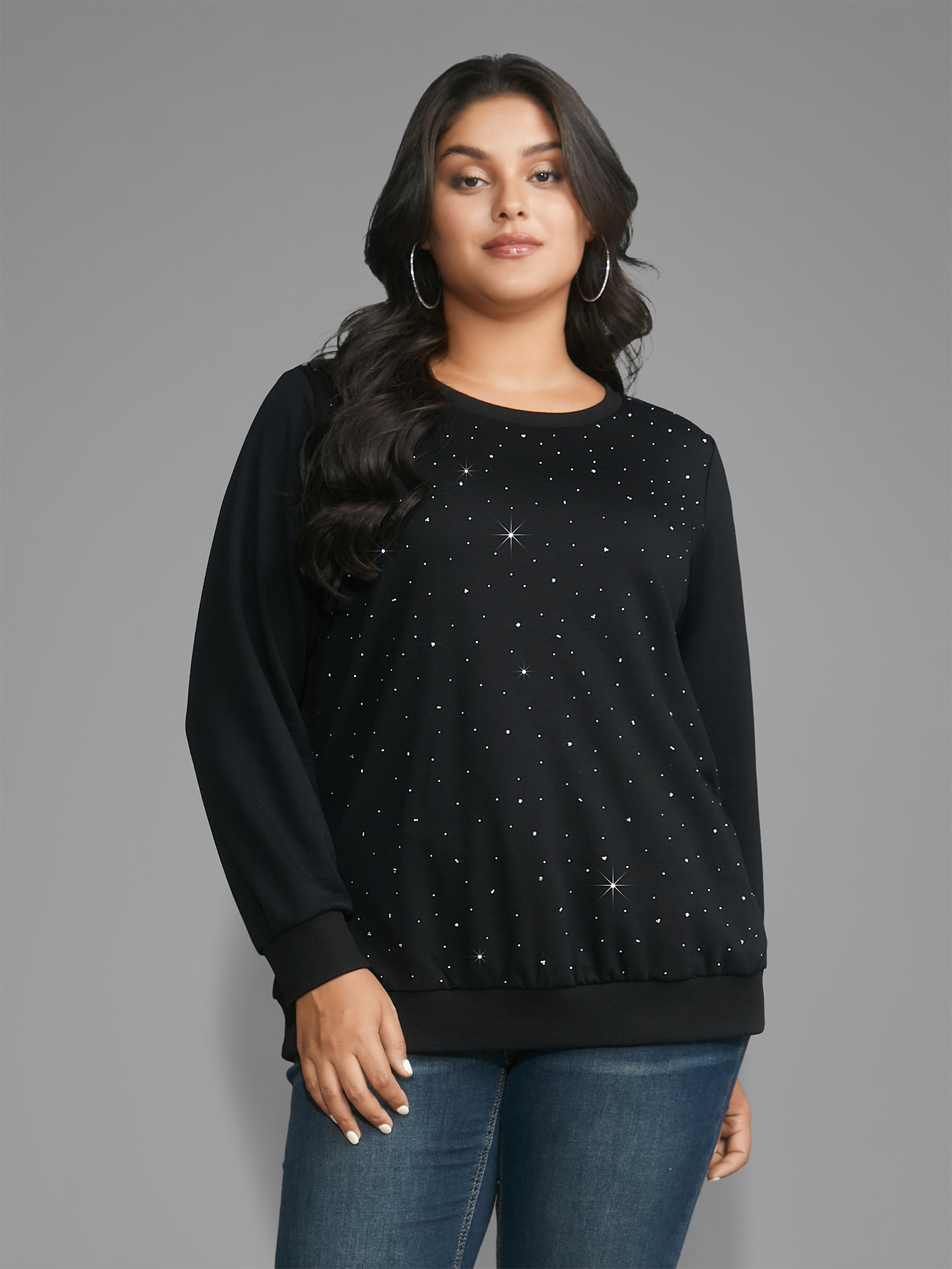 

Plus Size Crew Neck Rhinestone Slightly Stretchy Sweatshirt Women Black Casual Rhinestone detailing Round Neck Everyday Sweatshirts BloomChic