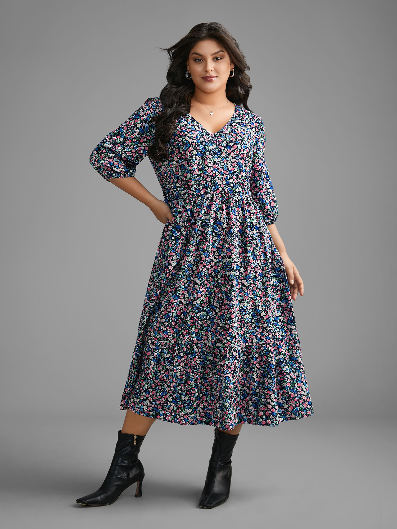 

Plus Size Ditsy Floral Lantern Sleeve Ruffle Hem Dress Mediumblue Women Elegant Gathered V-neck Elbow-length sleeve Curvy BloomChic