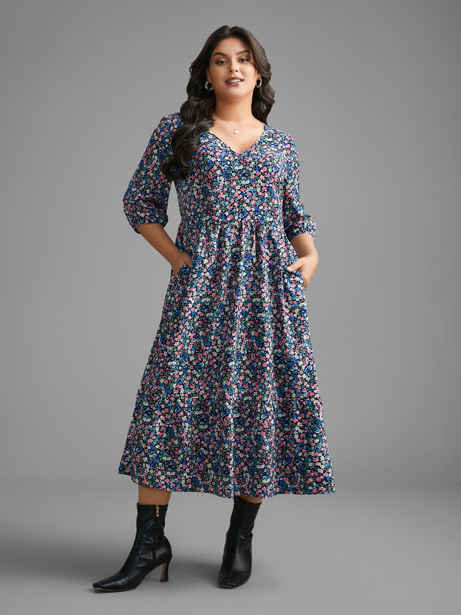 

Plus Size Ditsy Floral Lantern Sleeve Ruffle Hem Dress Mediumblue Women Elegant Gathered V-neck Elbow-length sleeve Curvy BloomChic