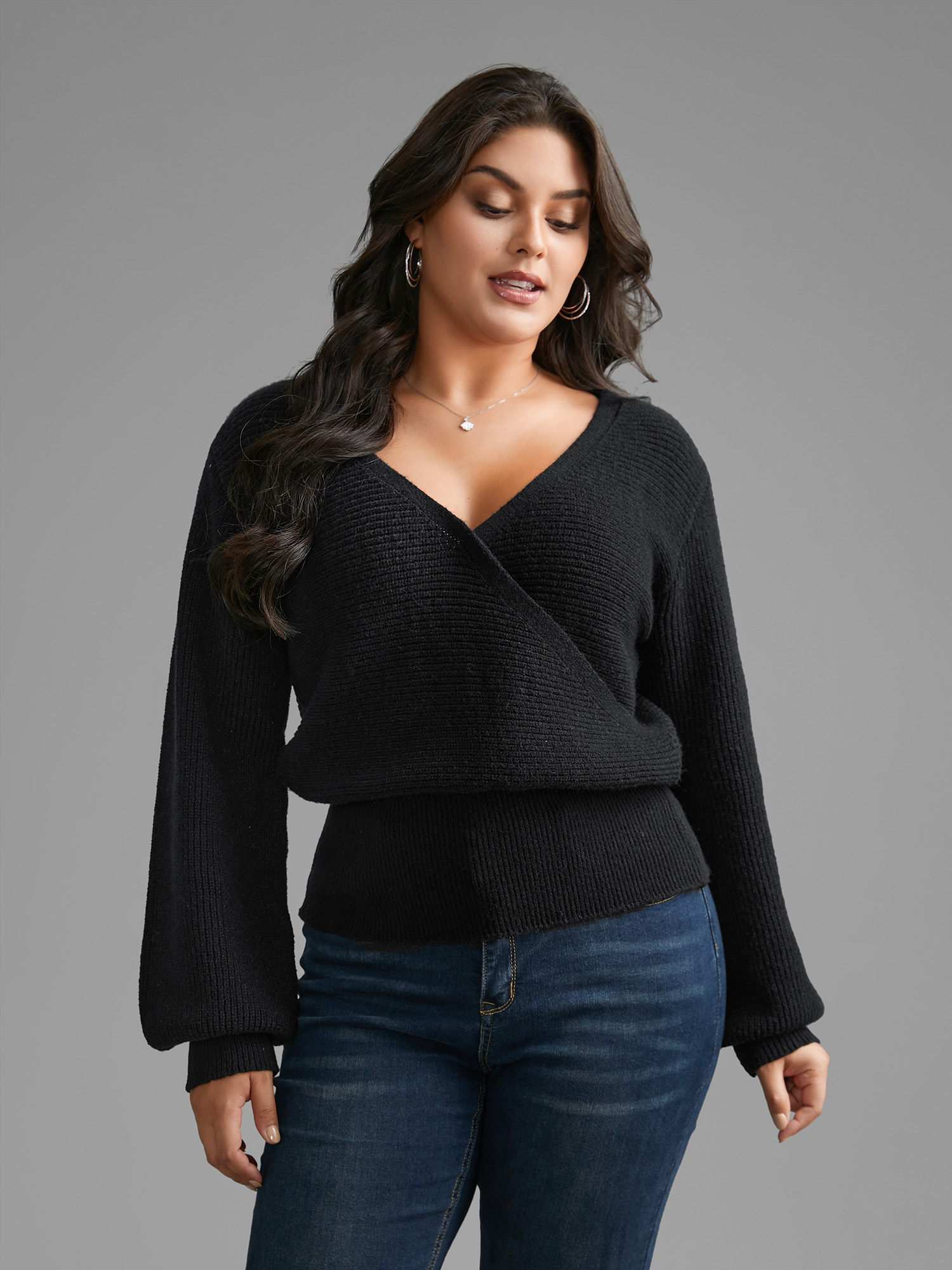 

Plus Size Overlap Collar Textured Lantern Sleeve Pullover Black Women Casual Loose Long Sleeve Overlap Collar Everyday Pullovers BloomChic