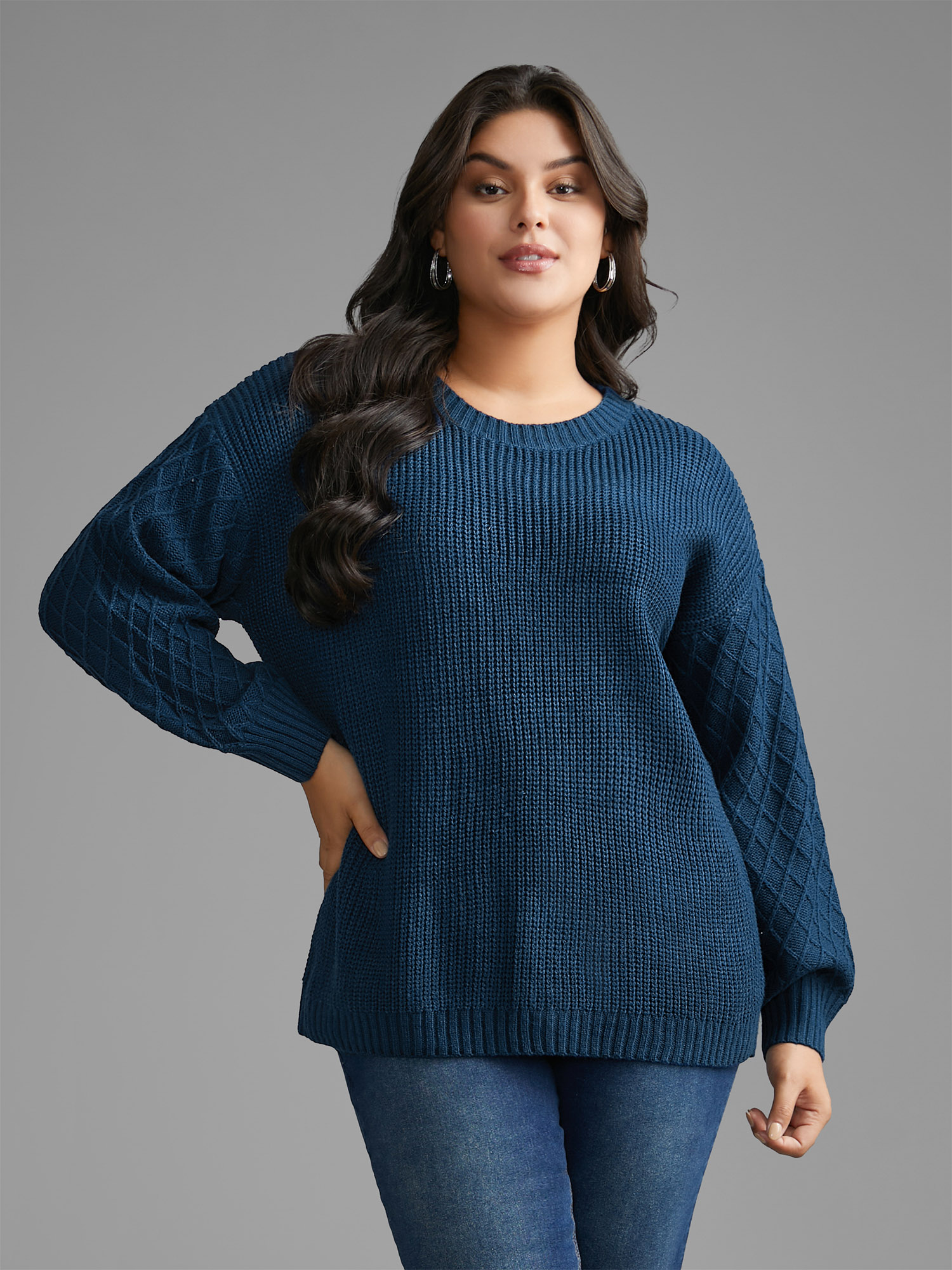 

Plus Size Cable Knit Texture Lantern Sleeve Pullover Aegean Women Casual Loose Long Sleeve Round Neck Everyday Pullovers BloomChic