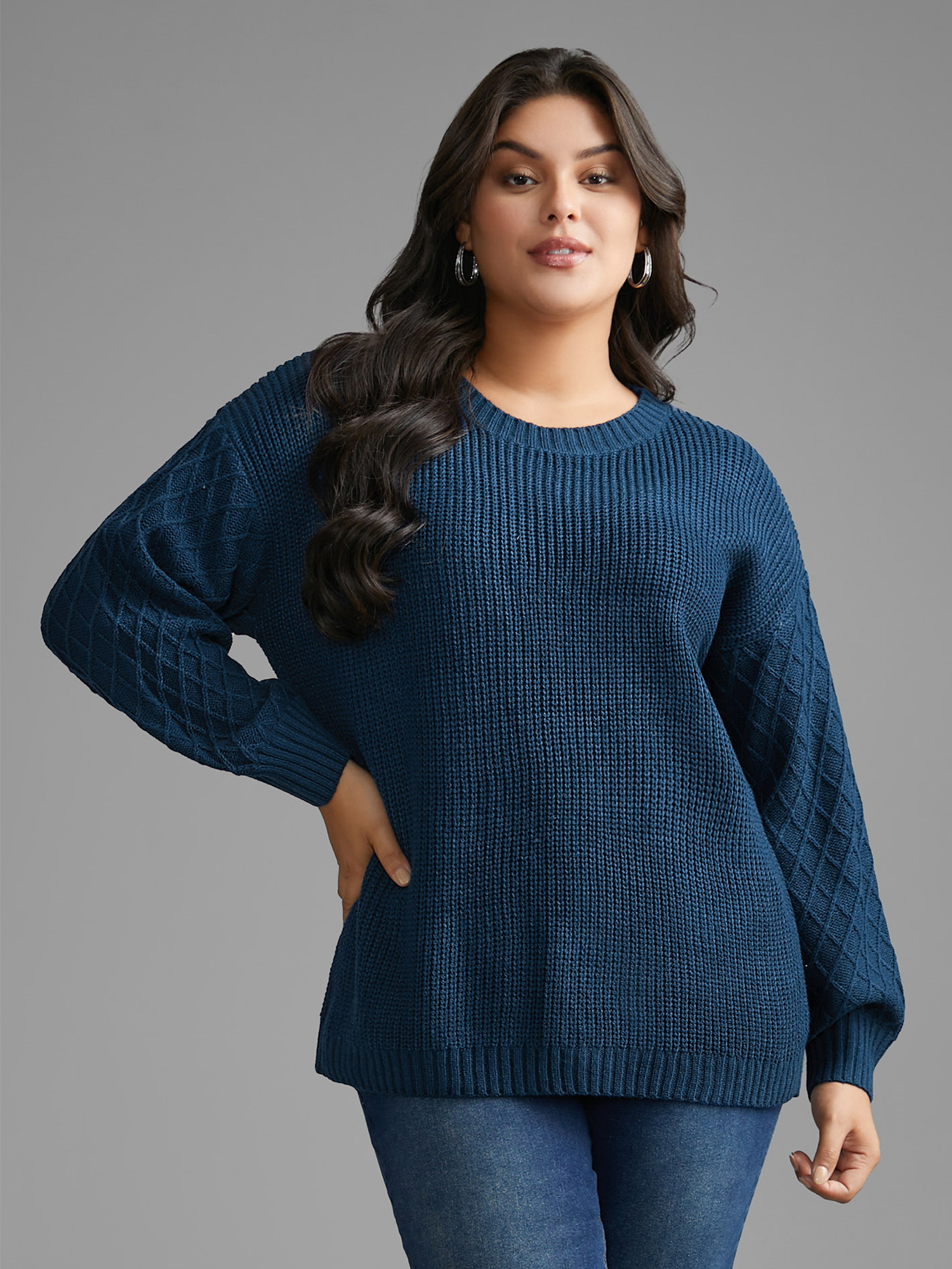 

Plus Size Cable Knit Texture Lantern Sleeve Pullover Aegean Women Casual Loose Long Sleeve Round Neck Everyday Pullovers BloomChic