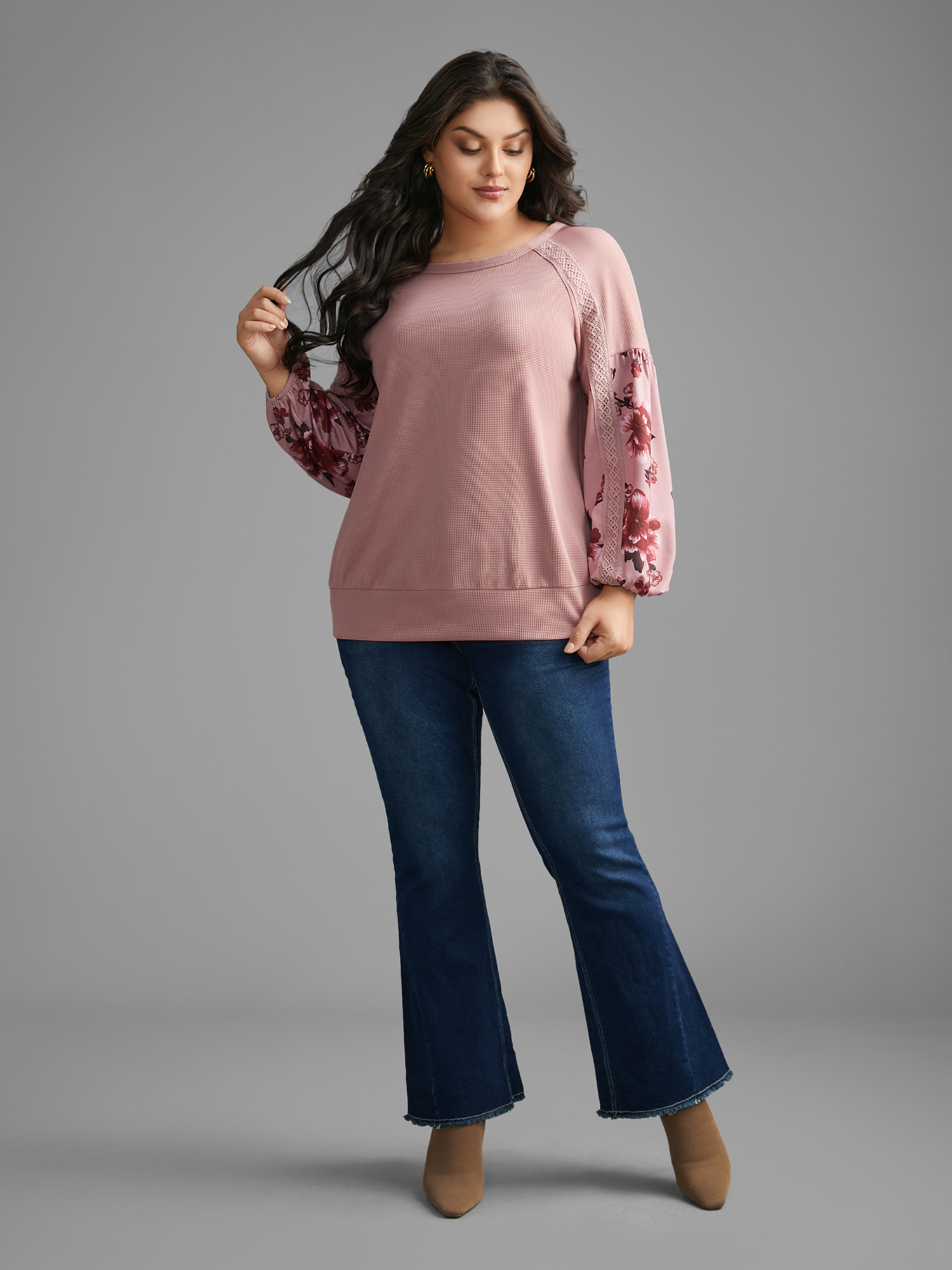 Plus Size Round Neck Floral Patchwork Woven Ribbon Sweatshirt Women Multicolor Elegant Woven ribbon&lace trim Round Neck Everyday Sweatshirts BloomChic 26/4X 