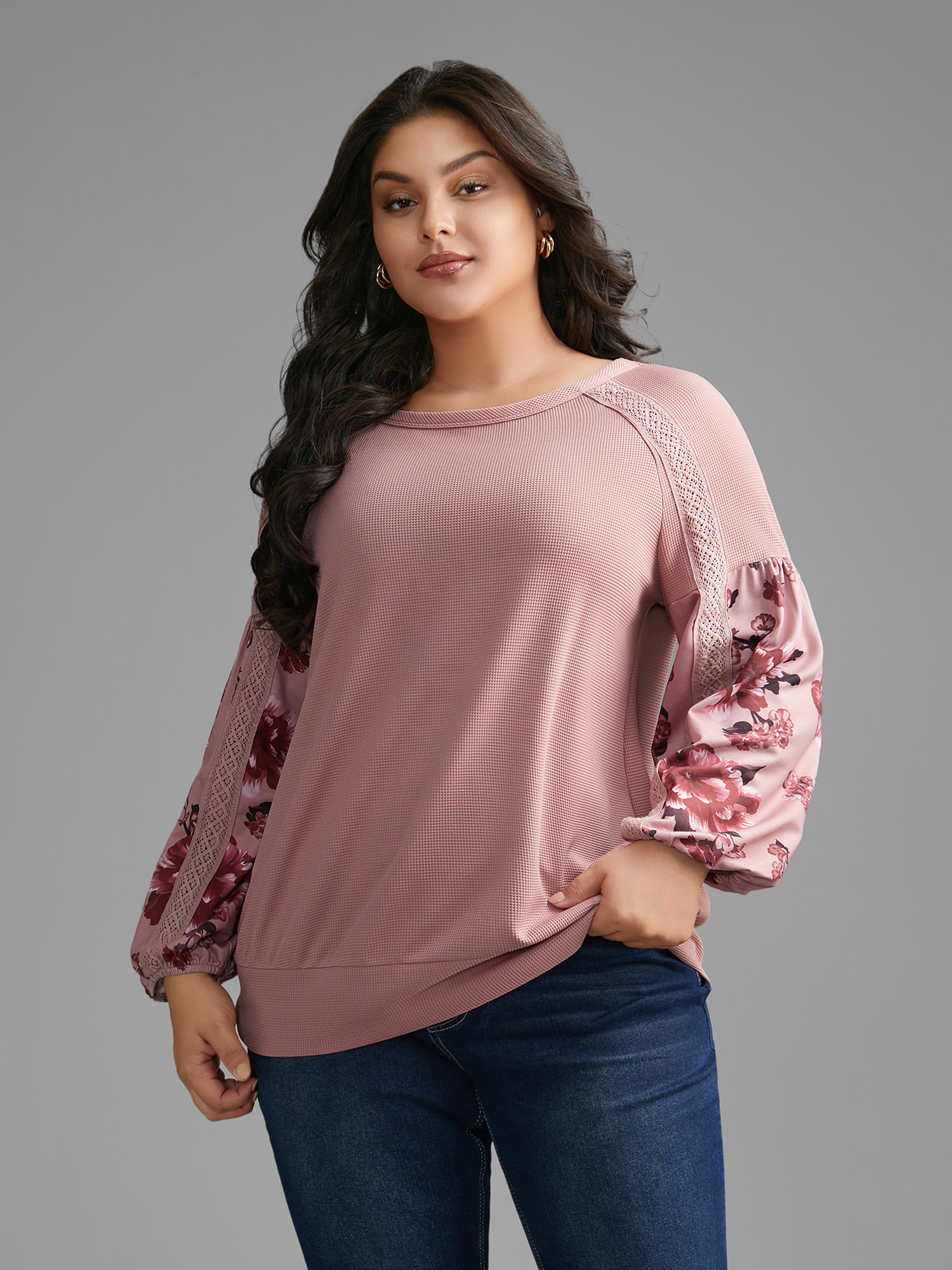 Plus Size Round Neck Floral Patchwork Woven Ribbon Sweatshirt Women Multicolor Elegant Woven ribbon&lace trim Round Neck Everyday Sweatshirts BloomChic 26/4X 