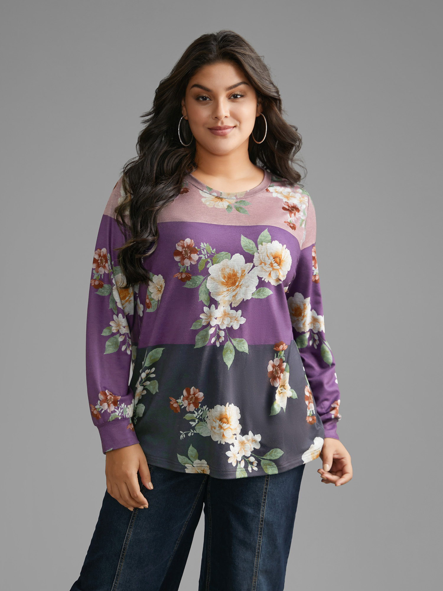 

Plus Size Natural Flowers Contrast Round Neck Sweatshirt Women Multicolor Casual Contrast Loose Round Neck Everyday Sweatshirts BloomChic