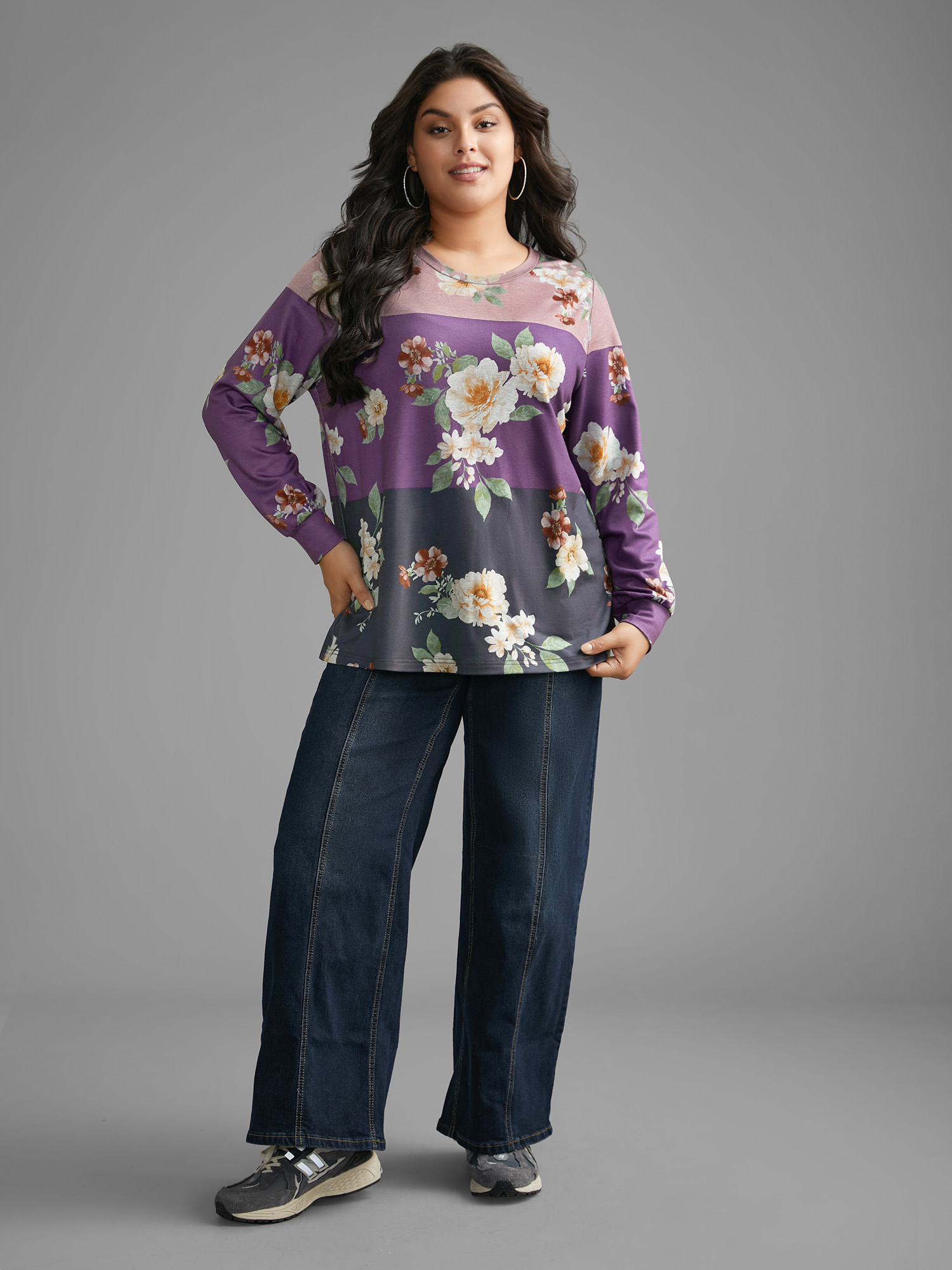 Plus Size Natural Flowers Contrast Round Neck Sweatshirt Women Multicolor Casual Contrast Loose Round Neck Everyday Sweatshirts BloomChic 30/6X 
